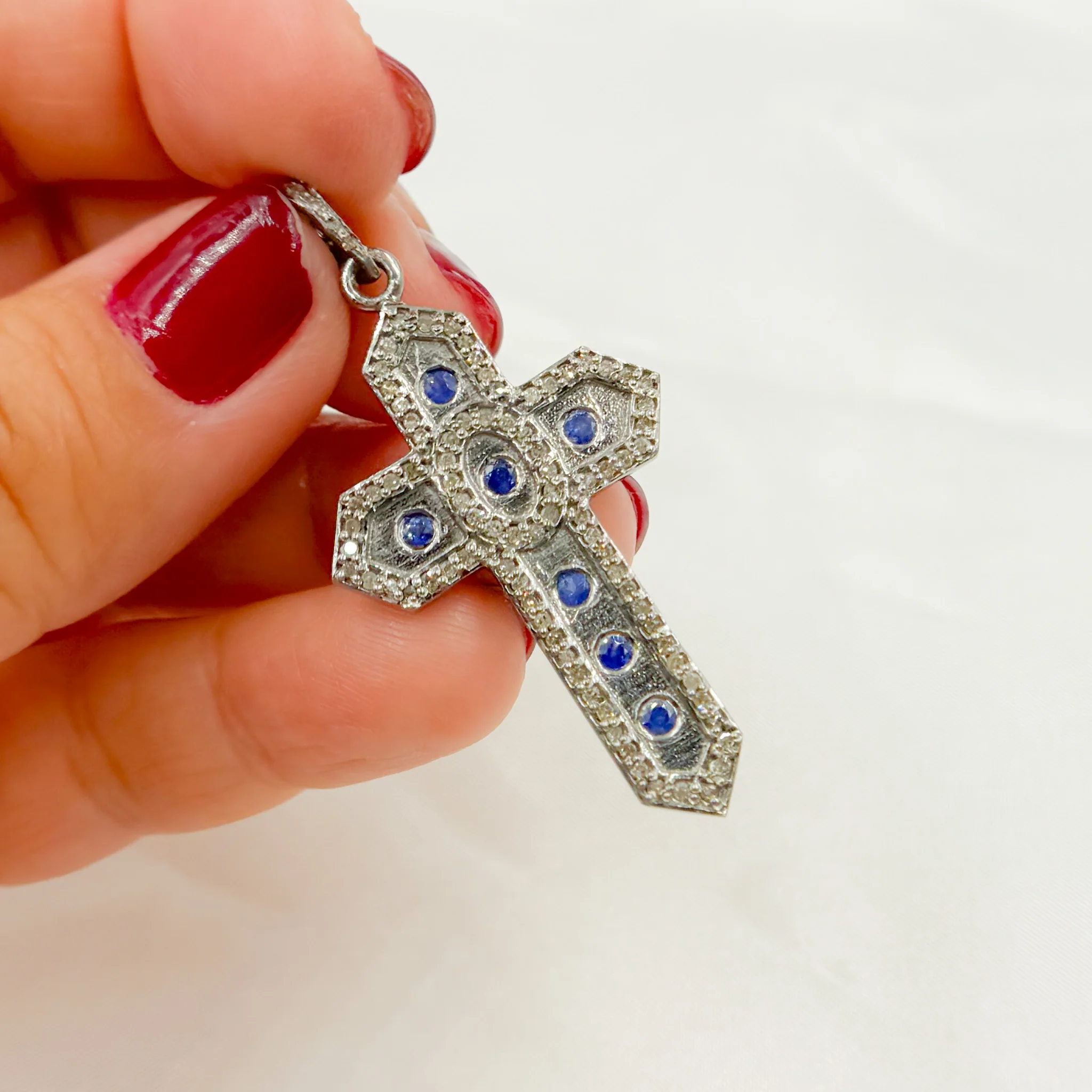 DP450. Diamond Sterling Silver Cross Pendant with Gemstone