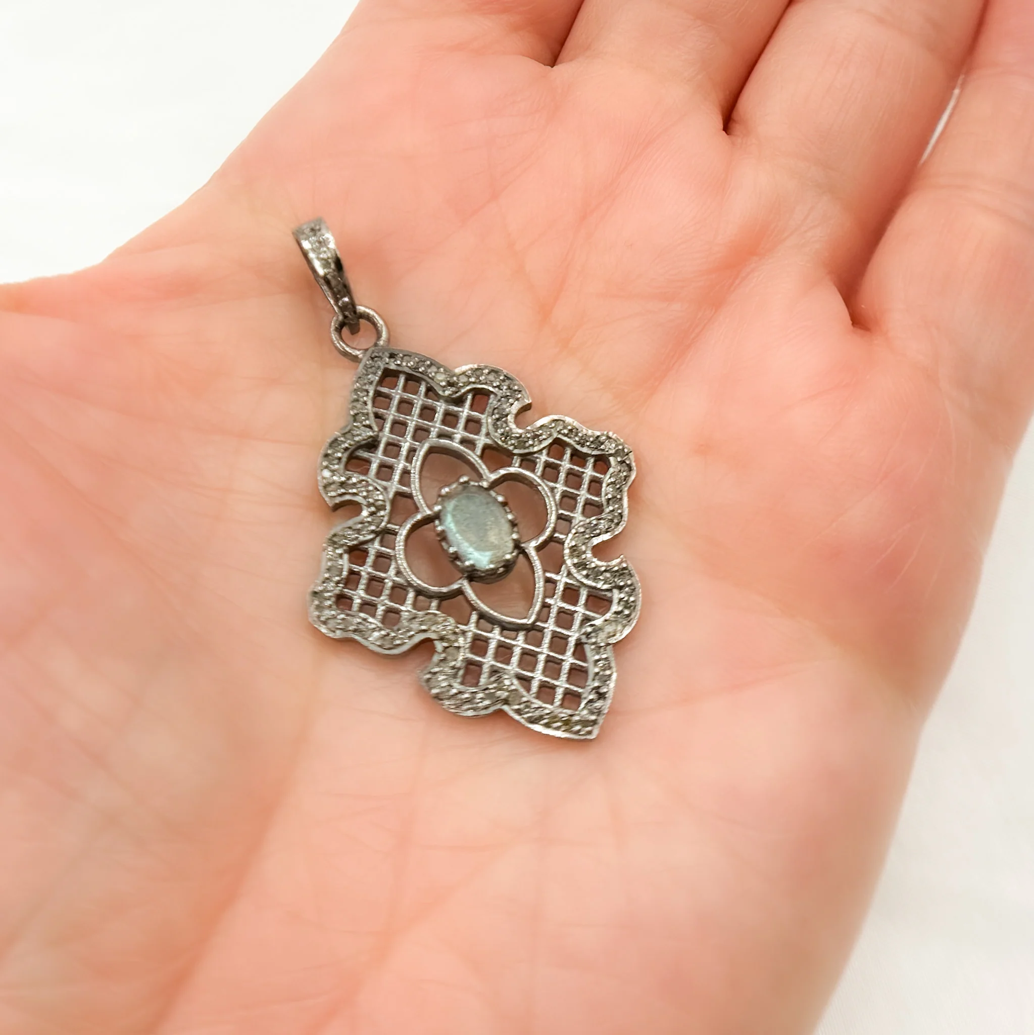 DP330. Diamond Sterling Silver Fancy Shape Pendant with Gemstone - Image 2