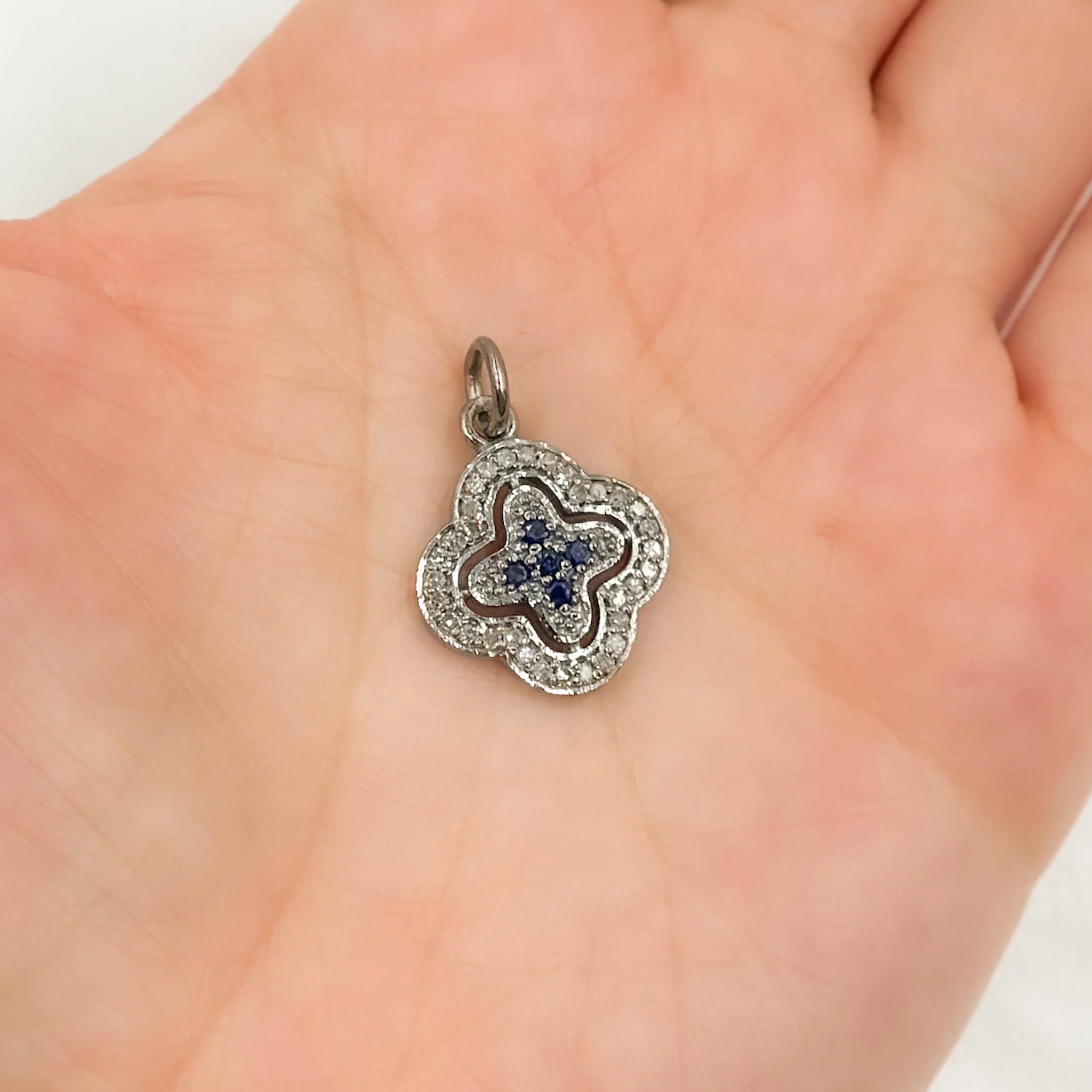 DC389. Diamond Sterling Silver Flower Charm with Gemstone - Image 2