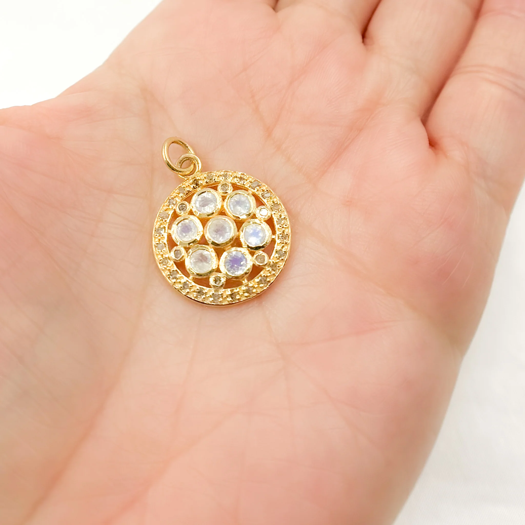 DSP070. Diamond Sterling Silver Round Flower Pendant with Gemstone - Image 17