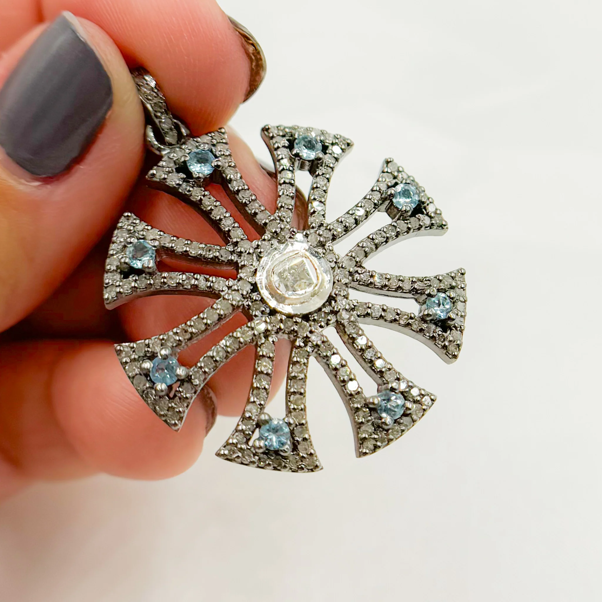 DP460. Diamond & Sterling Silver Fancy Shape Pendant with Polki Diamond and Gemstone - Image 15