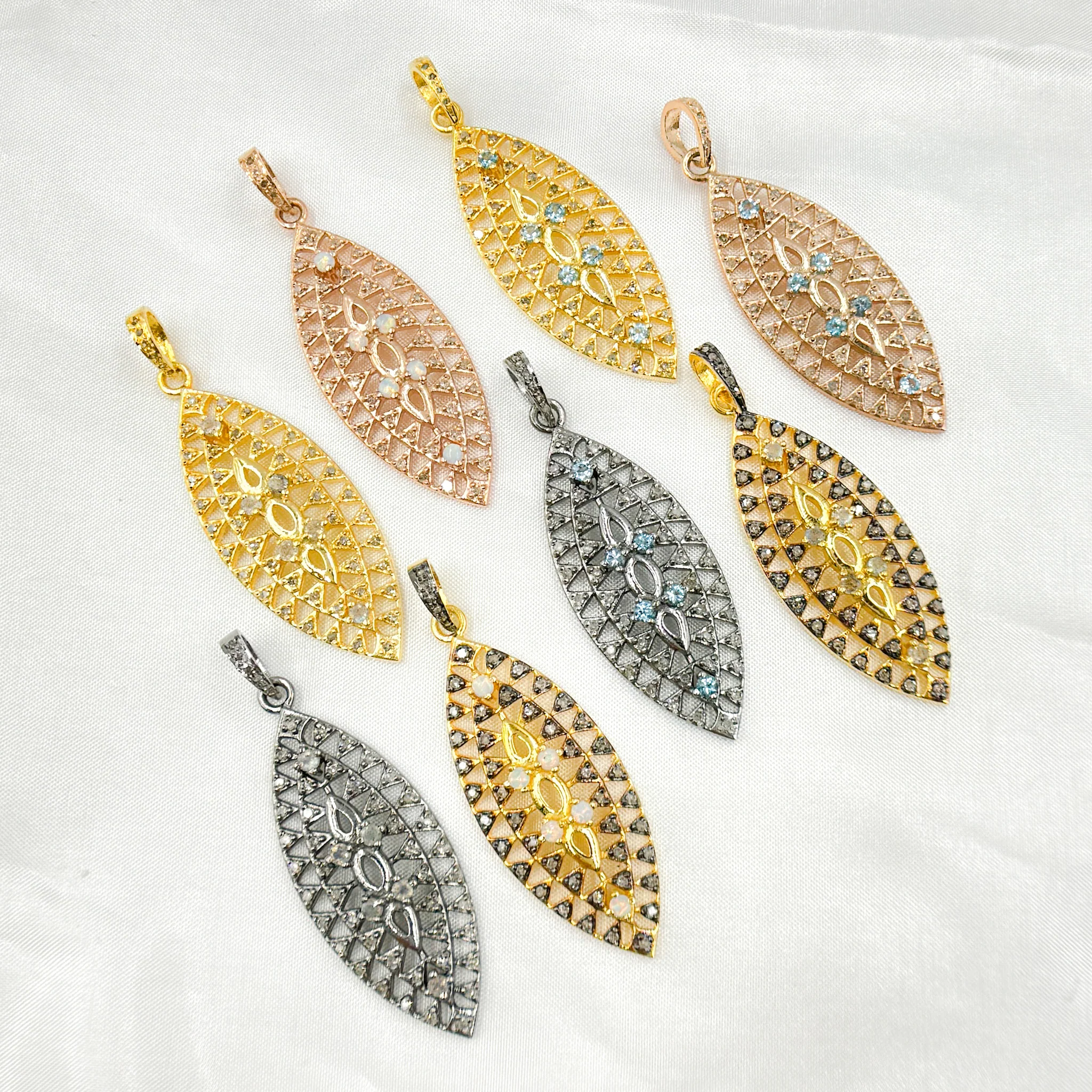 DP207. Diamond Sterling Silver Leaf Shape Pendant with Gemstone