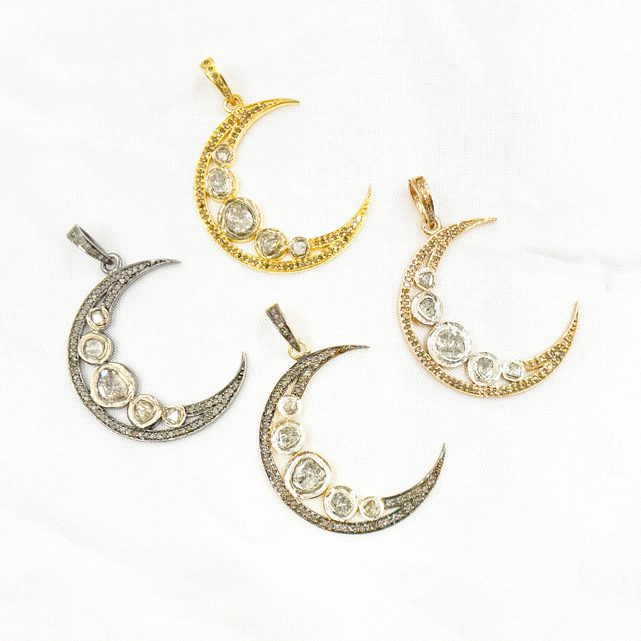 DP104. Diamond Sterling Silver Moon Pendant with Polki Diamond - Image 7