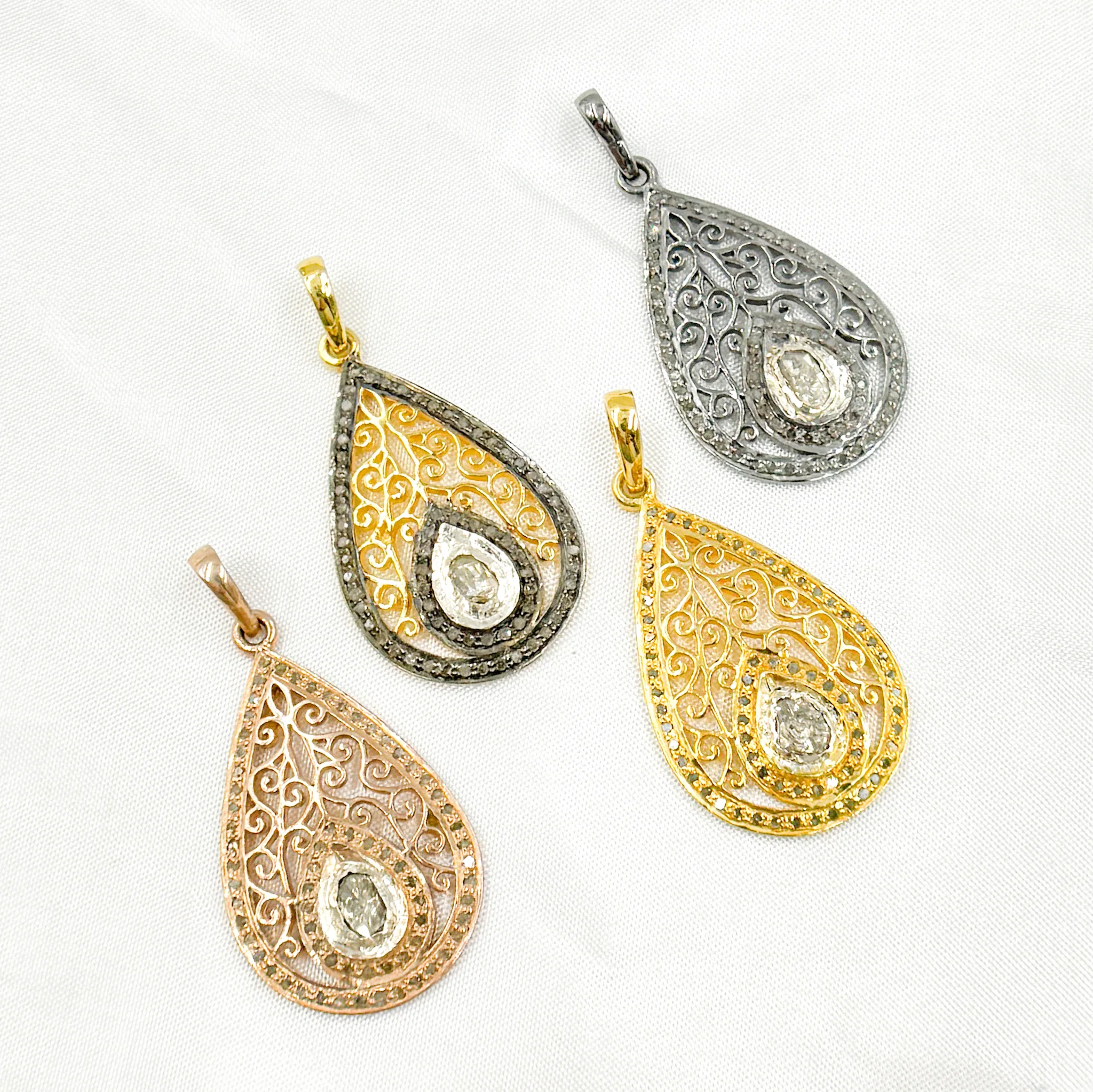 DP188. Diamond Sterling Silver Drop Shape Pendant with Polki Diamond