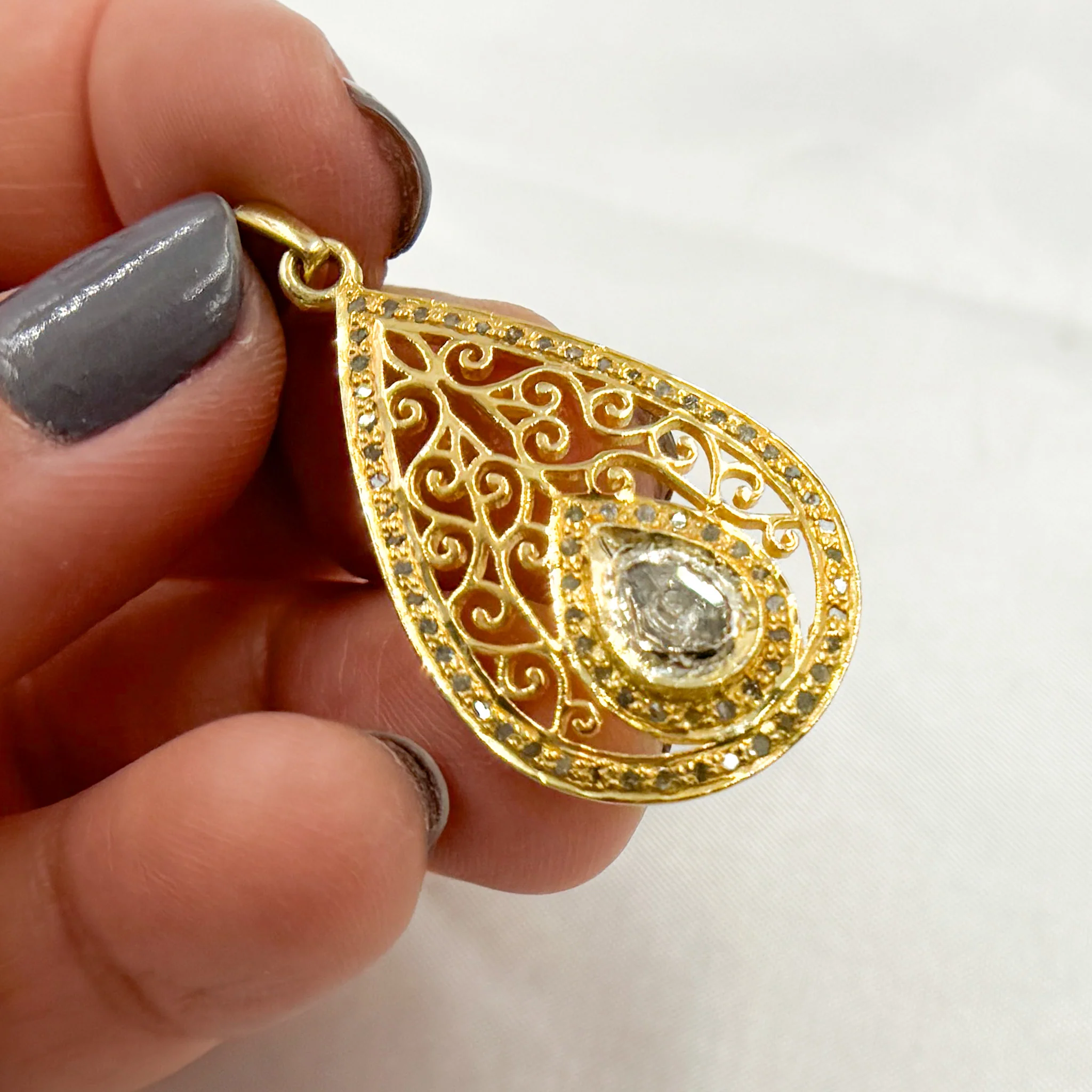 DP188. Diamond Sterling Silver Drop Shape Pendant with Polki Diamond - Image 4