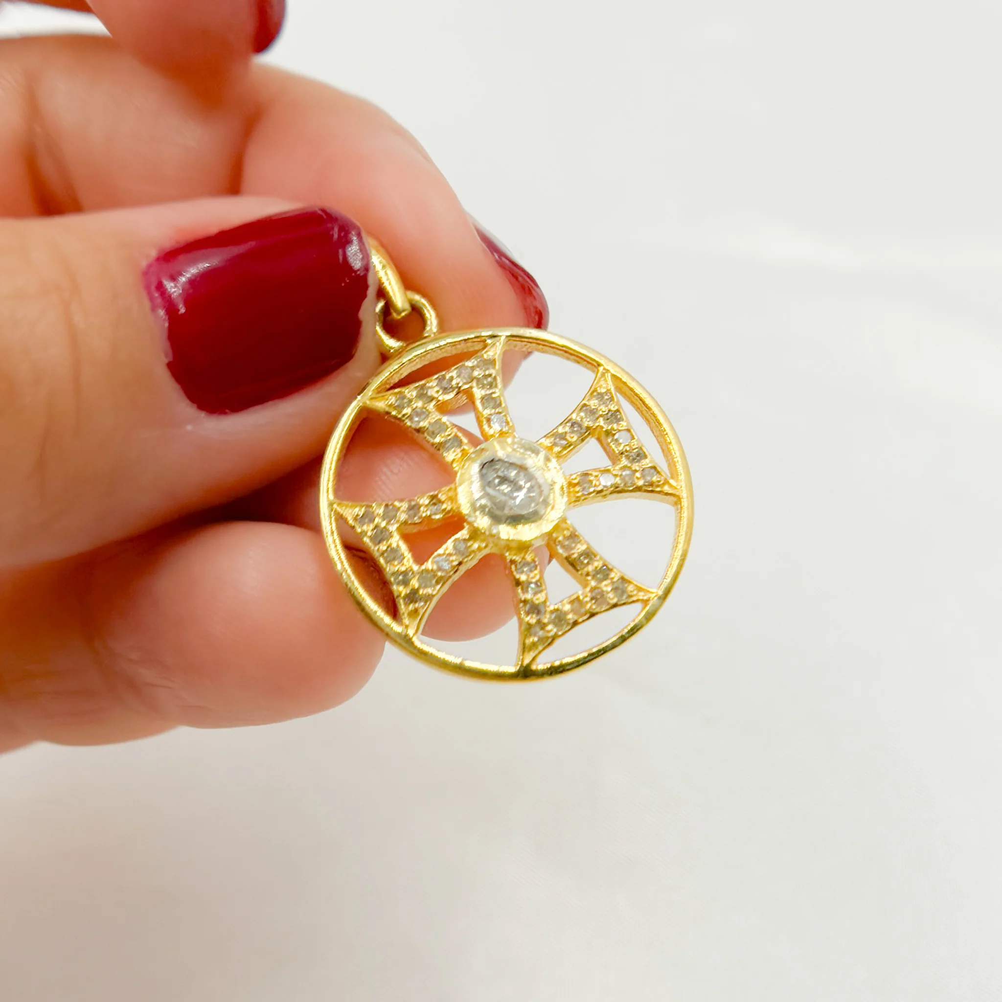 DP457. Diamond Sterling Silver Round Cross Pendant with Polki Diamond - Image 4