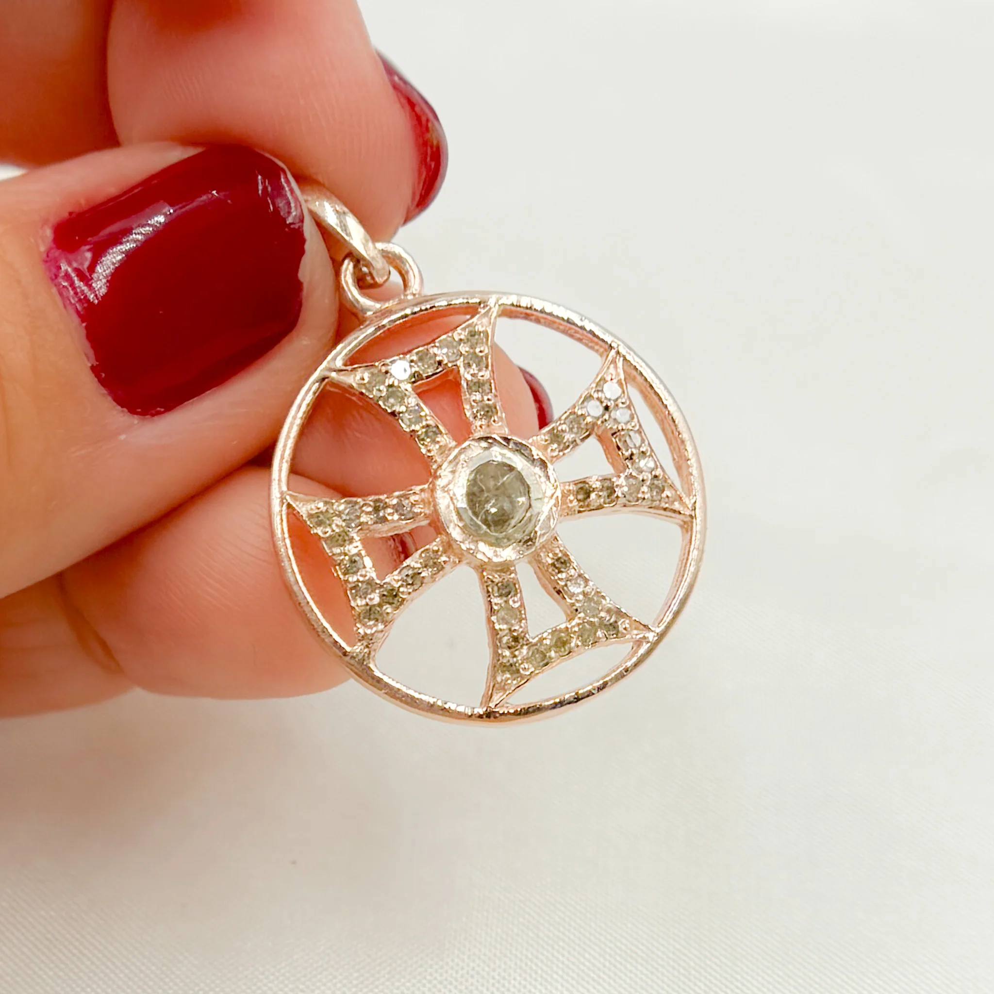 DP457. Diamond Sterling Silver Round Cross Pendant with Polki Diamond - Image 6