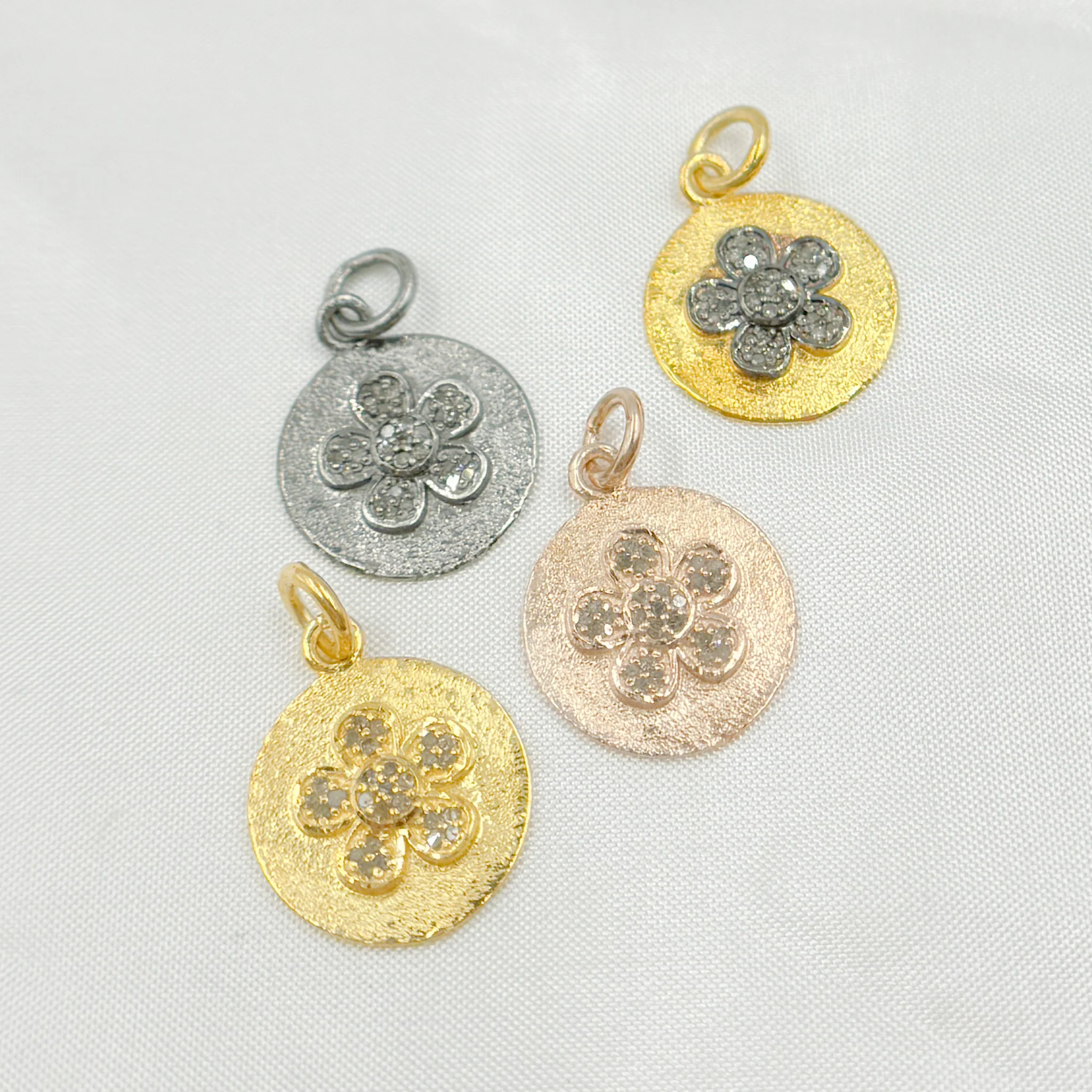 DC427. Diamond & Sterling Silver Round Flower Charm