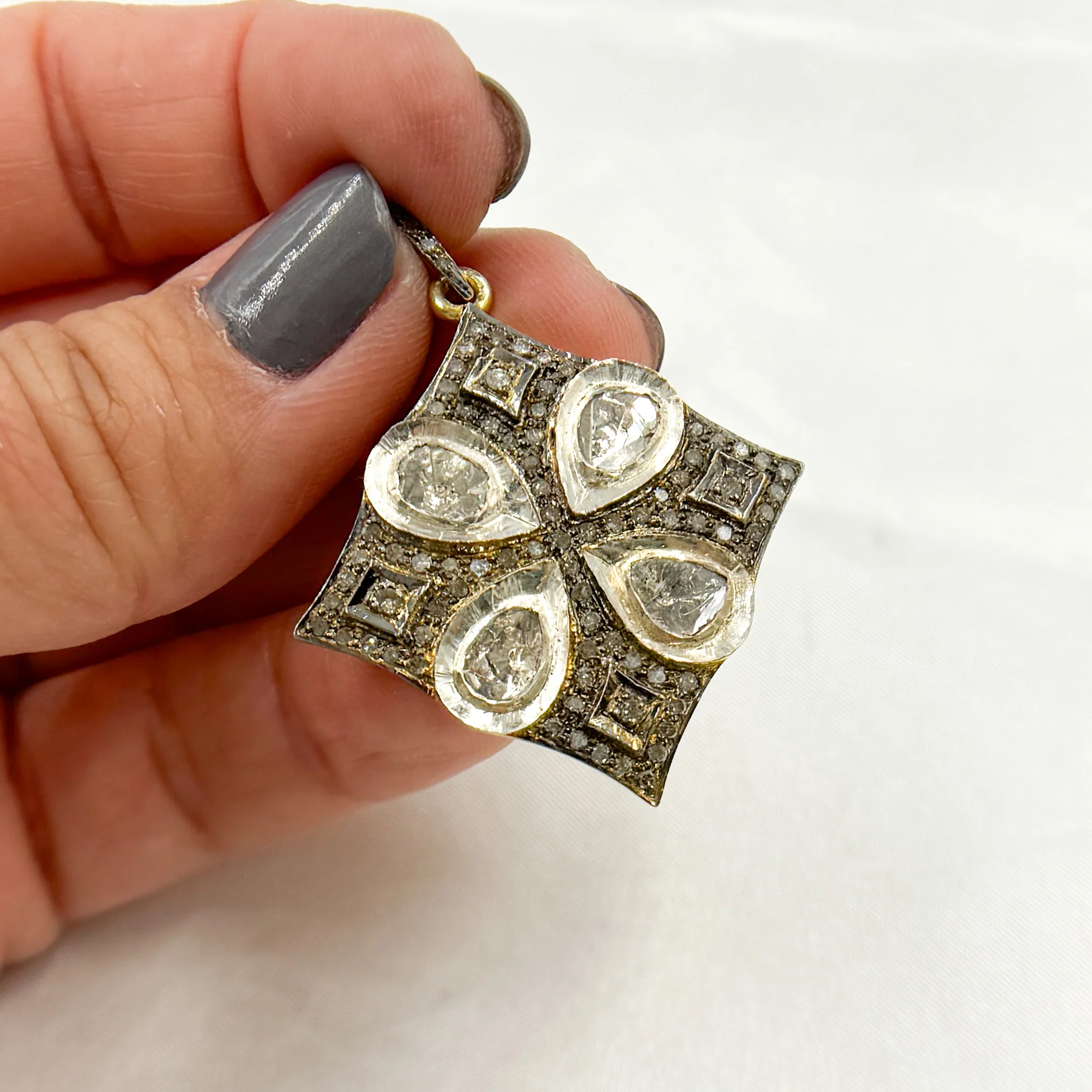 DP461. Diamond Sterling Silver Square Flower Pendant with Polki Diamonds - Image 3