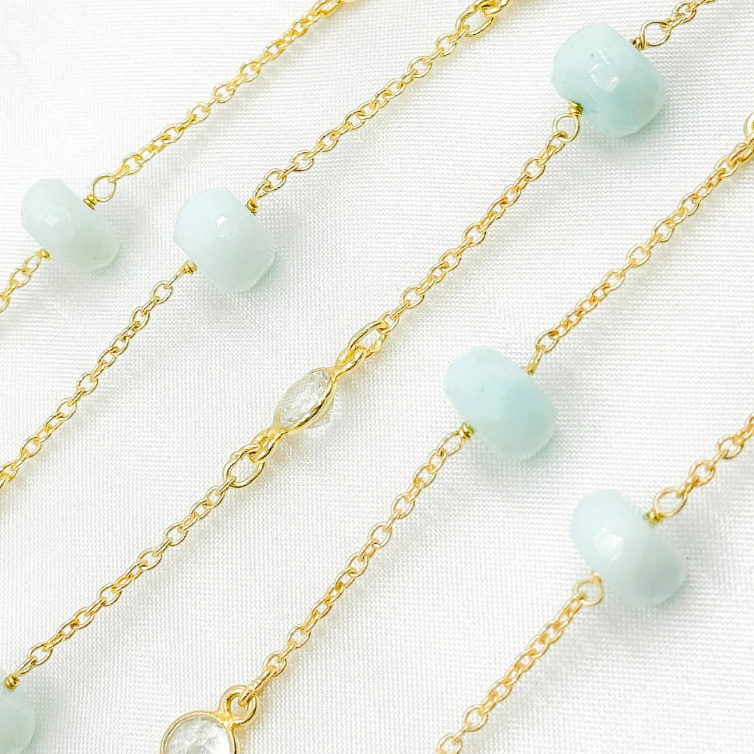 Peruvian Opal Rondel Shape & White Topaz Gold Plated Connected Wire Chain. PO2 - Image 3