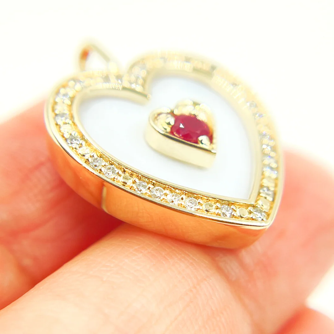 PHD38684MOP. 14k Solid Gold Mother of Pearl, Diamonds & Ruby Heart Pendant - Image 4