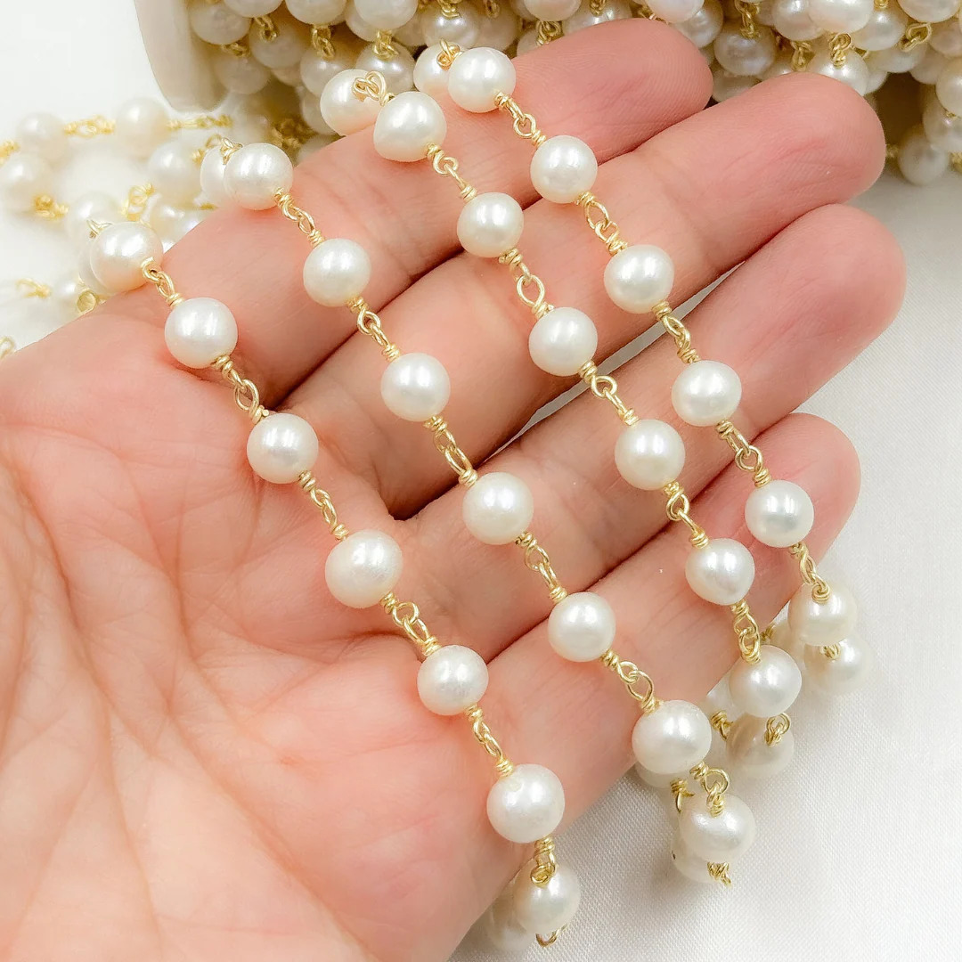 PRL21. Round White Freshwater Pearl Wire Wrap Chain - Image 3