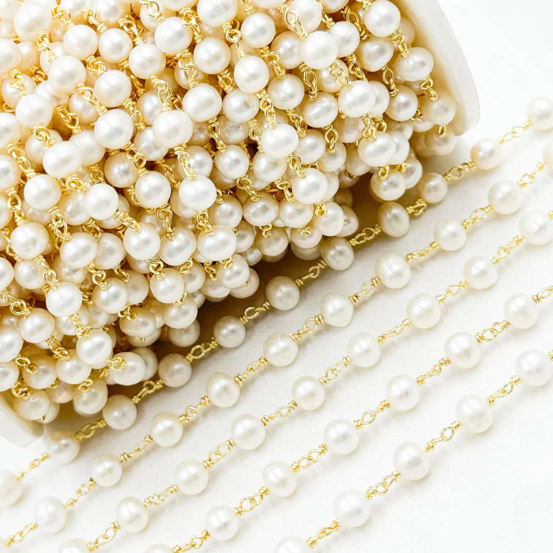 PRL21. Round White Freshwater Pearl Wire Wrap Chain - Image 4
