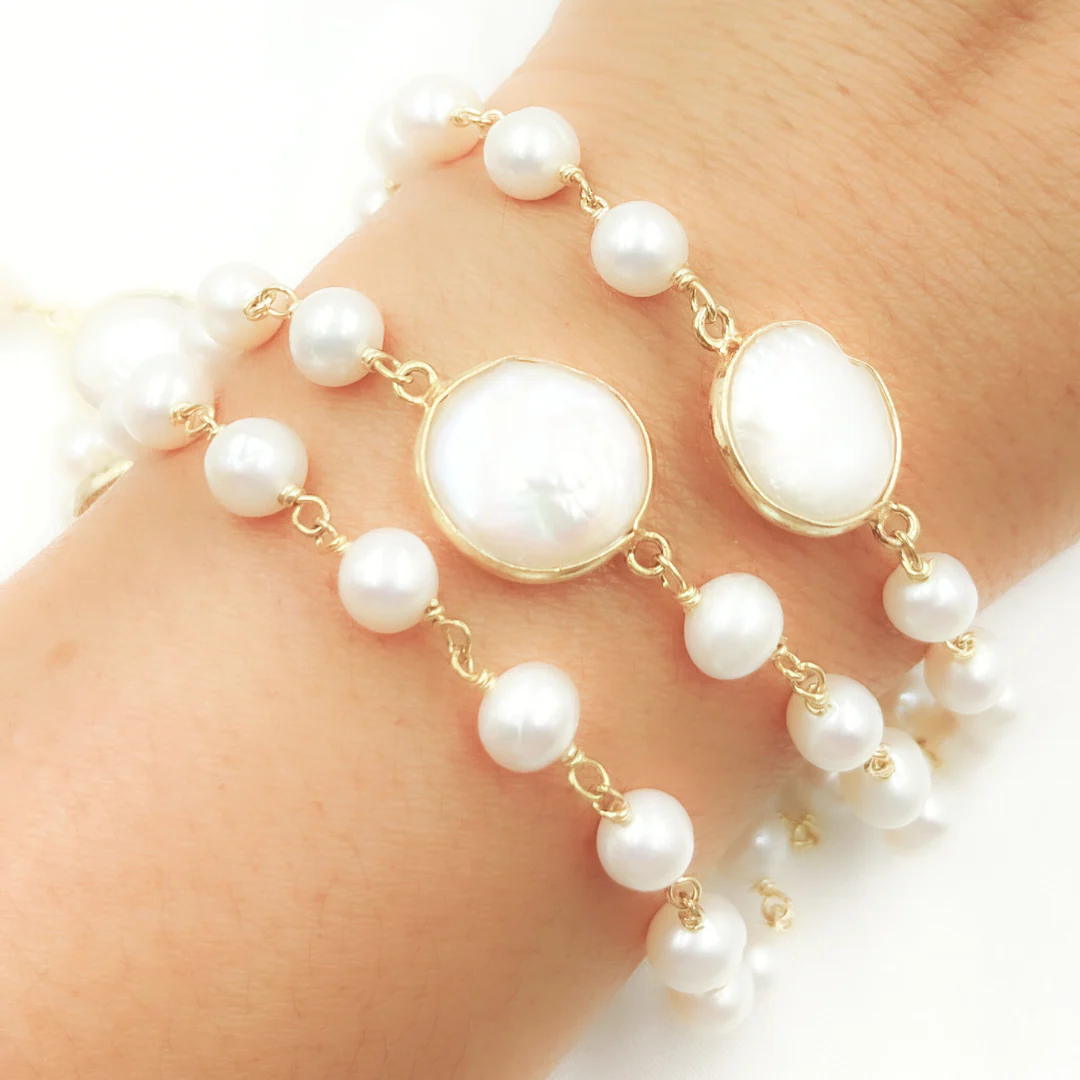 PRL22. White Freshwater Pearl Organic and Bezel Round Shape Wire Wrap Chain - Image 4