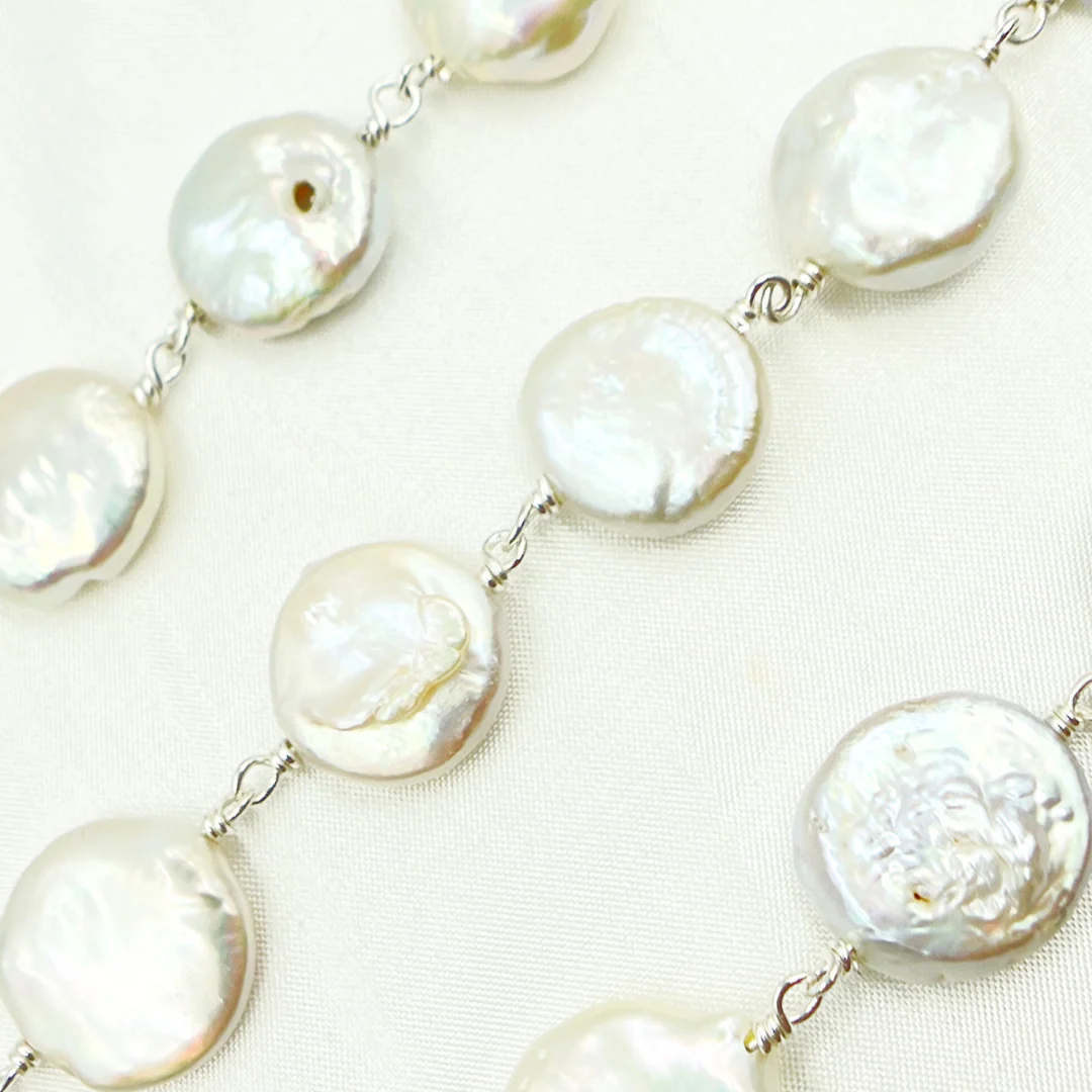 PRL39. Coin Shape Freshwater Pearl Wire Wrap Chain