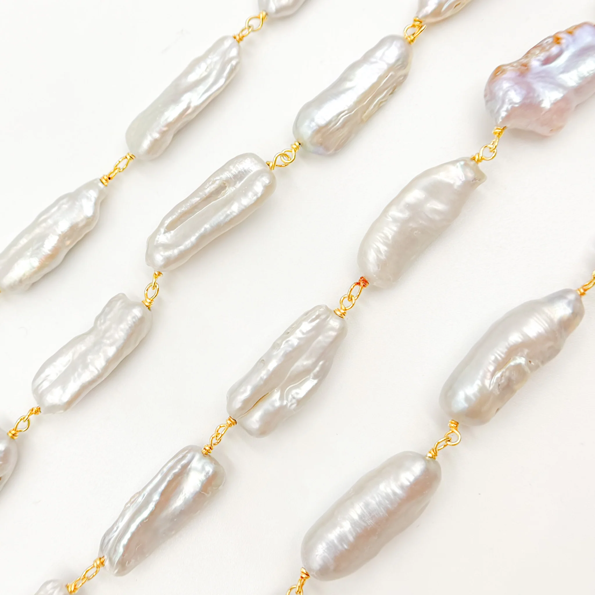 PRL56. Gold Plated Wire Biwa Freshwater Grey Pearl Chain