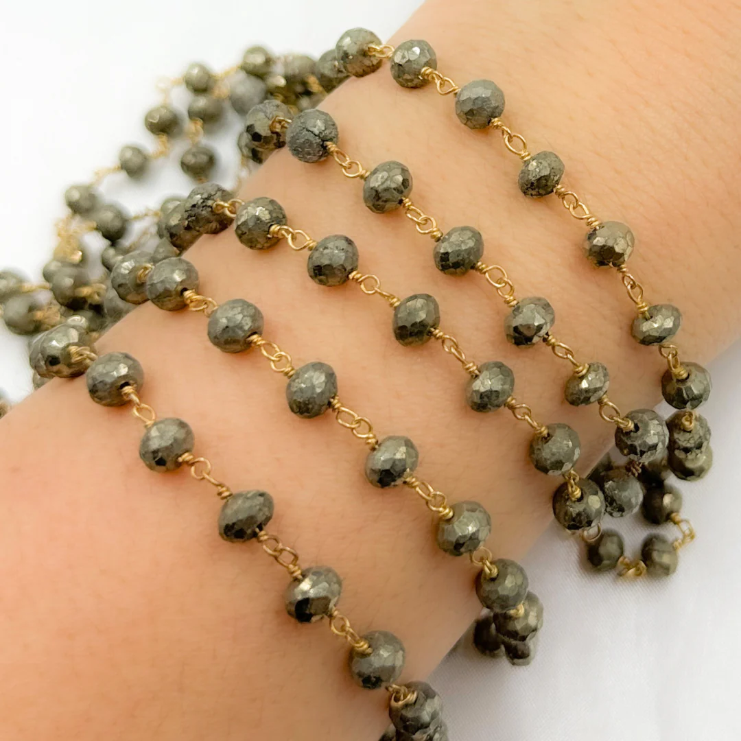 Pyrite Rondel Faceted Gold Plated 925 Sterling Silver Wire Chain. PYR68