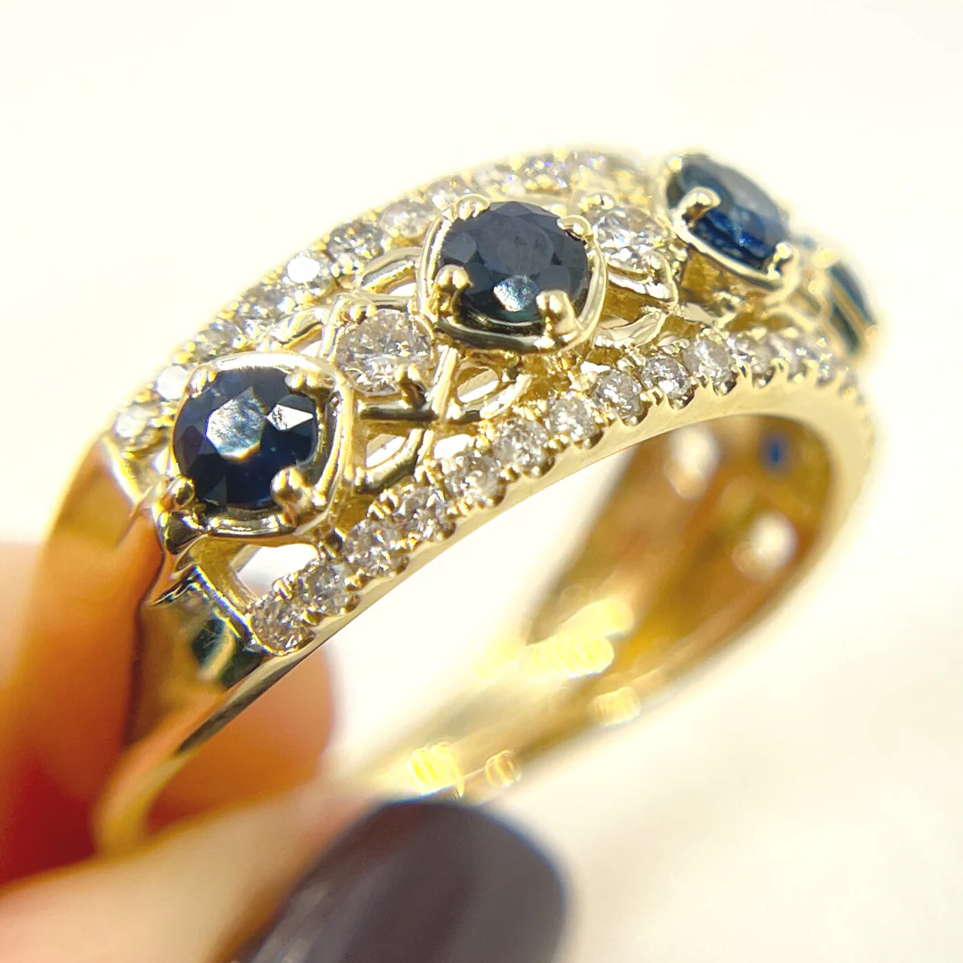 RAH01392BS. 14K Solid Yellow Gold Diamond and Blue Sapphire Band Ring - Image 2