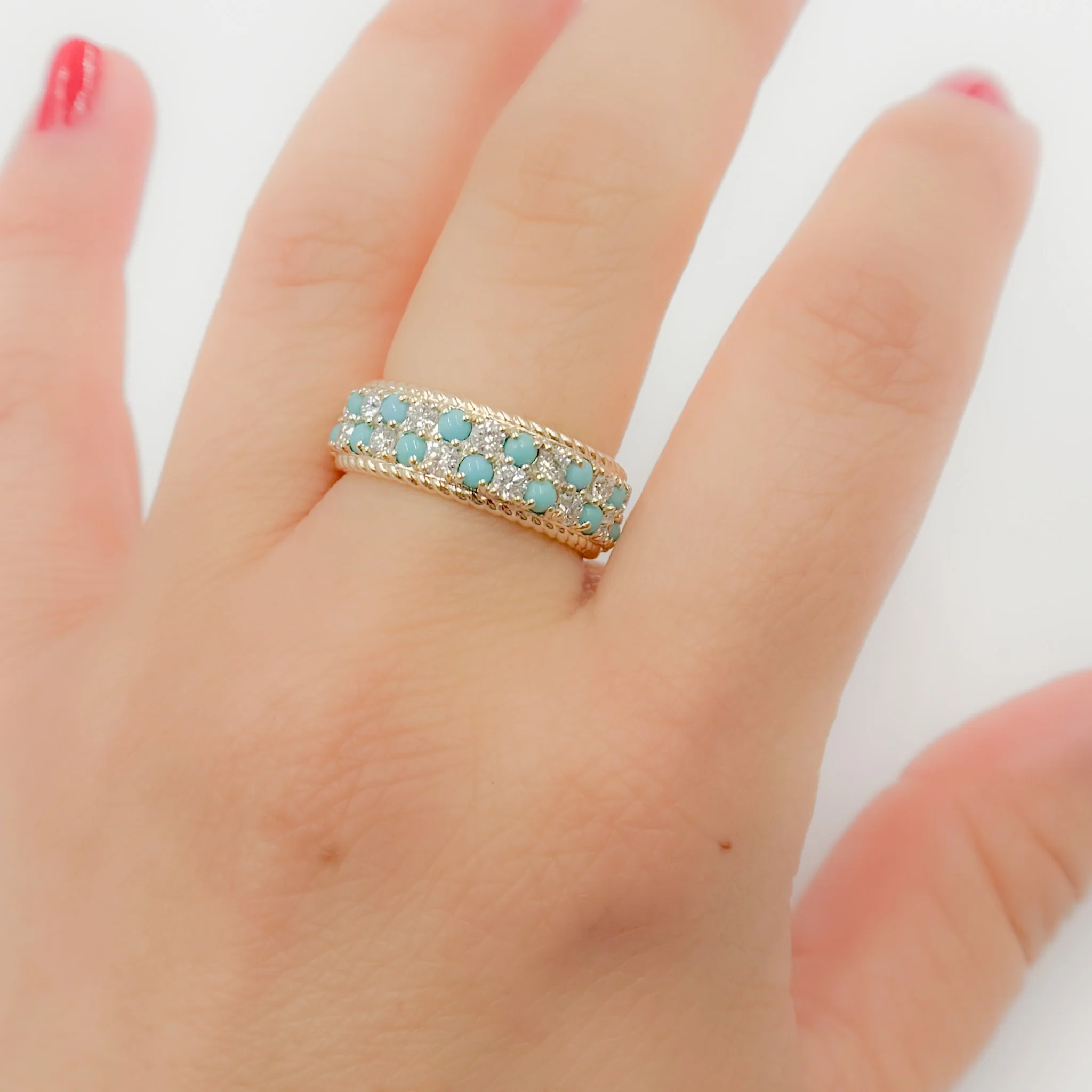 RAI02179TQ. 14K Solid Gold Diamond and Turquoise Band Ring - Image 3