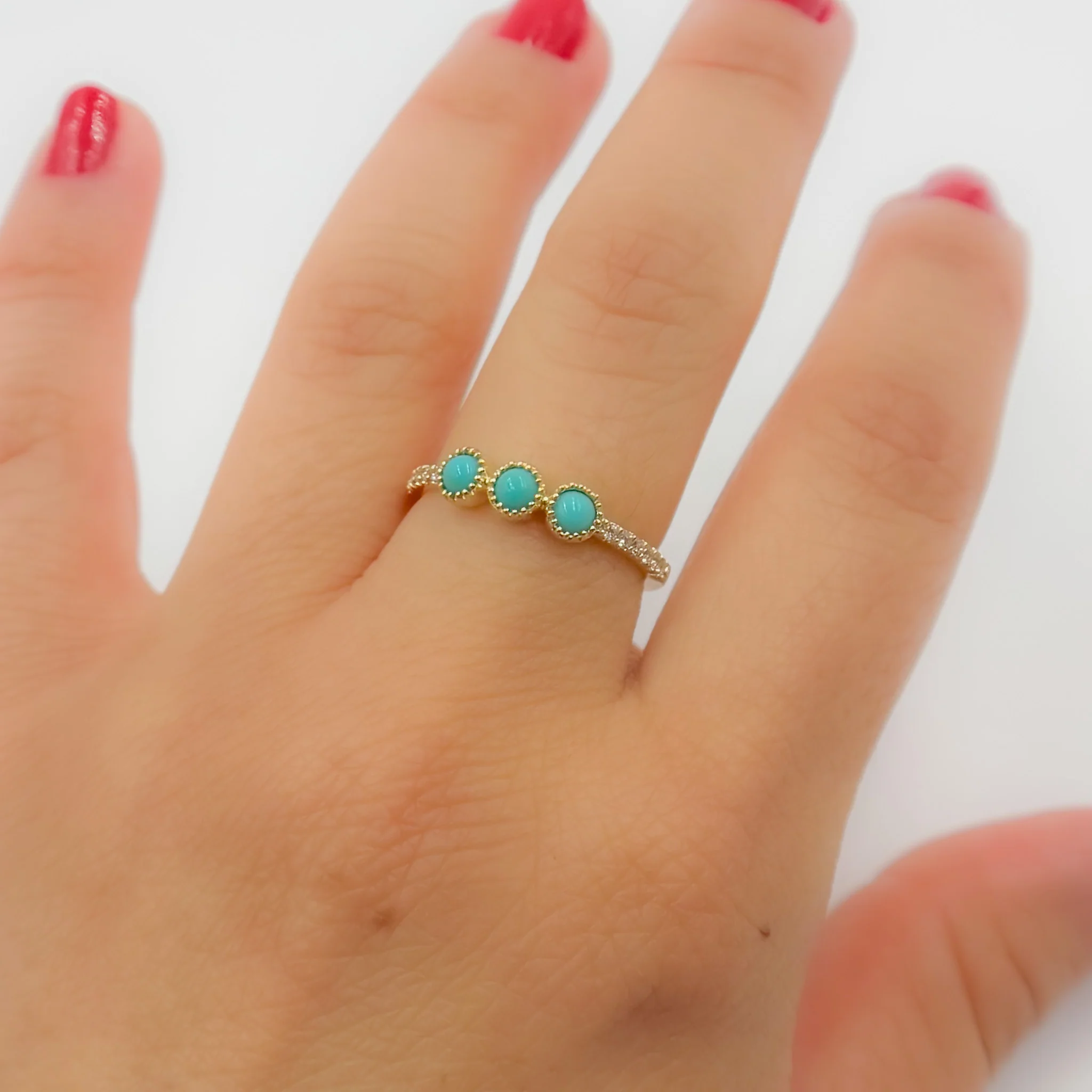 RFC19159TQ. 14K Solid Yellow Gold Diamond and Turquoise Band Ring - Image 3