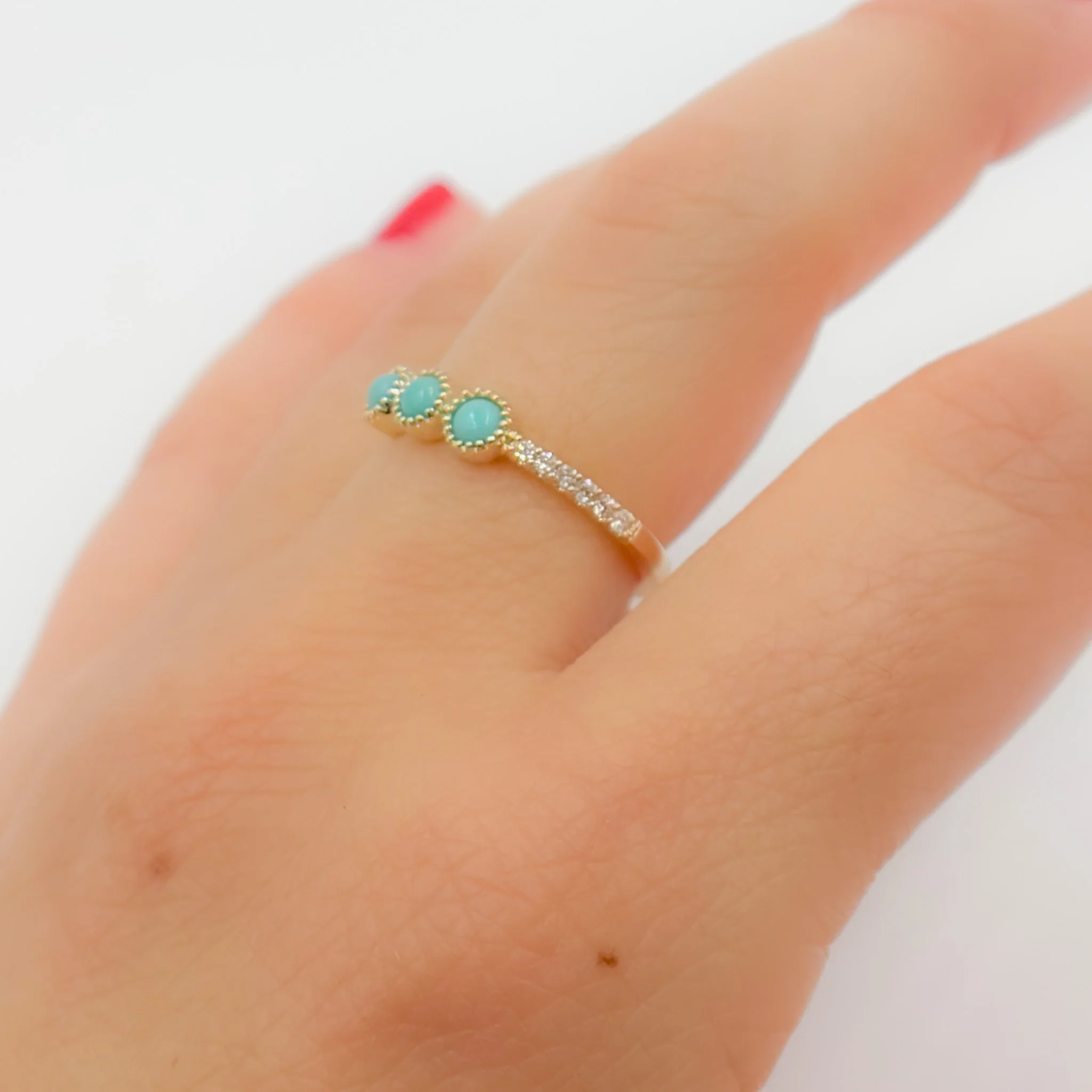 RFC19159TQ. 14K Solid Yellow Gold Diamond and Turquoise Band Ring - Image 7