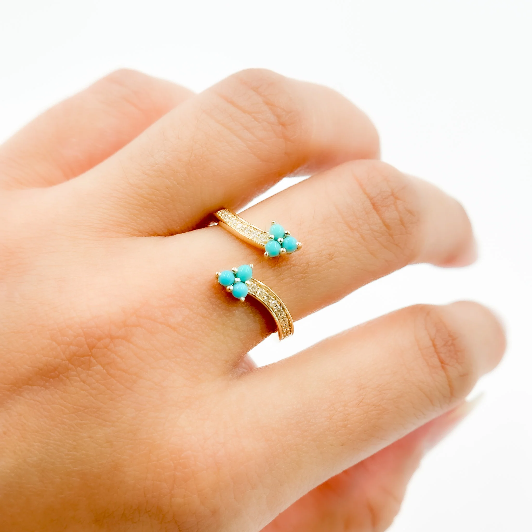 RFC19318TQ. 14K Solid Yellow Gold Diamond and Turquoise Open Triangle Ring - Image 2
