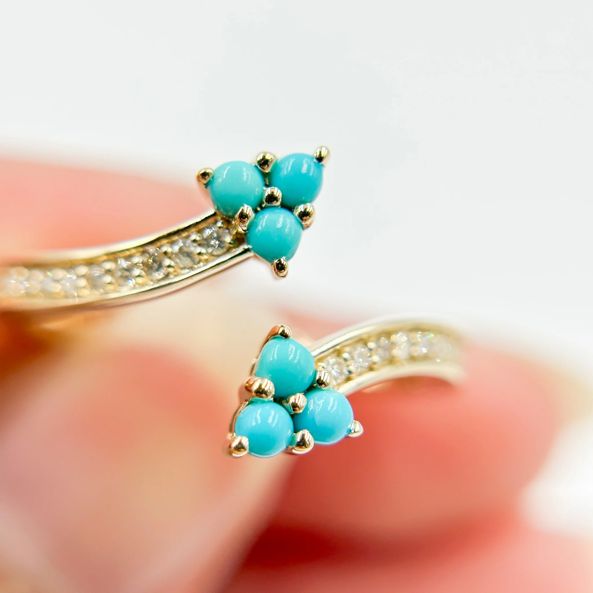 RFC19318TQ. 14K Solid Yellow Gold Diamond and Turquoise Open Triangle Ring - Image 3