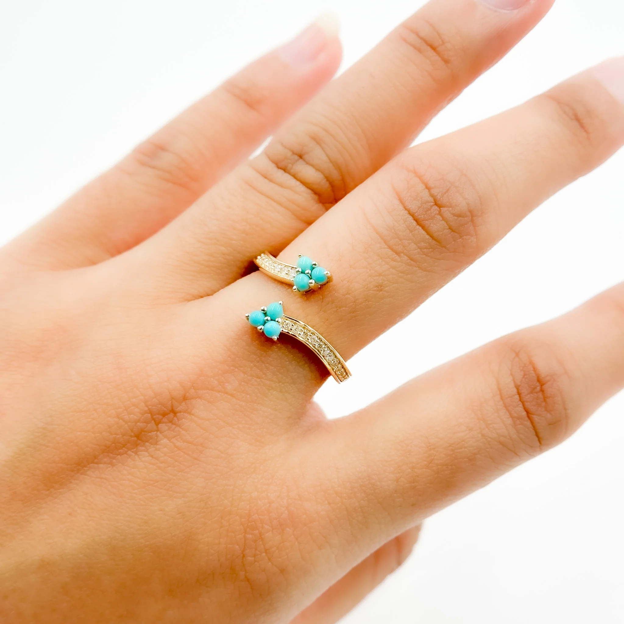 RFC19318TQ. 14K Solid Yellow Gold Diamond and Turquoise Open Triangle Ring - Image 8