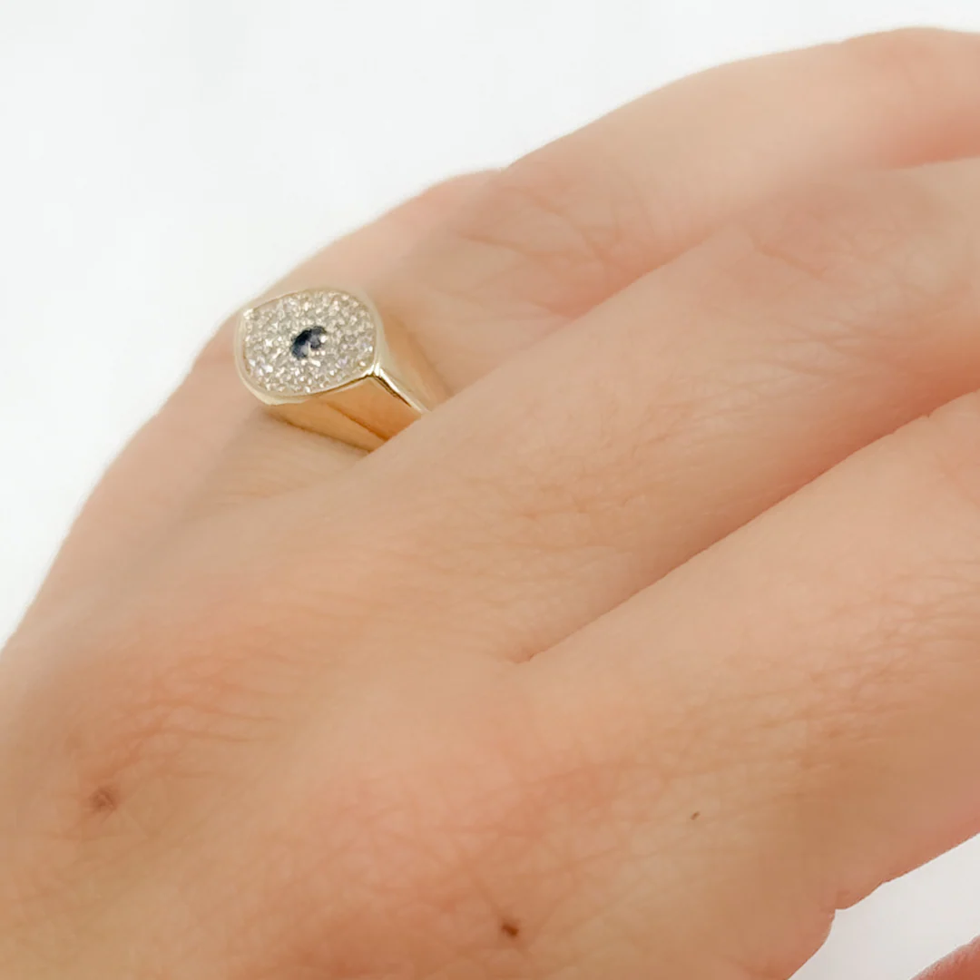 RFE17975BS. 14k Solid Yellow Gold Diamond and Sapphire Evil Eye Ring - Image 4