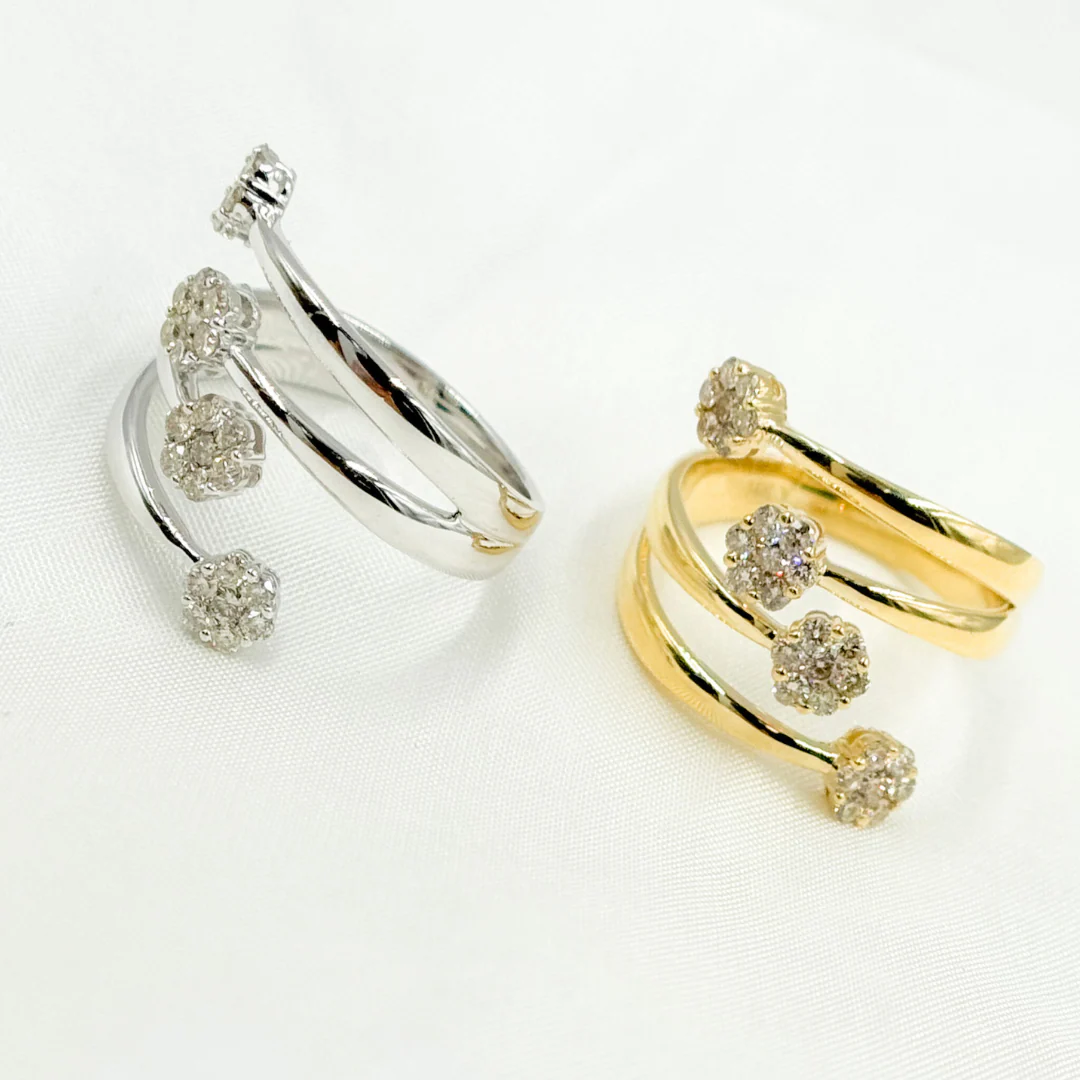 RFH18095. 14k Solid Gold Spiral Diamond Flowers Ring - Image 9