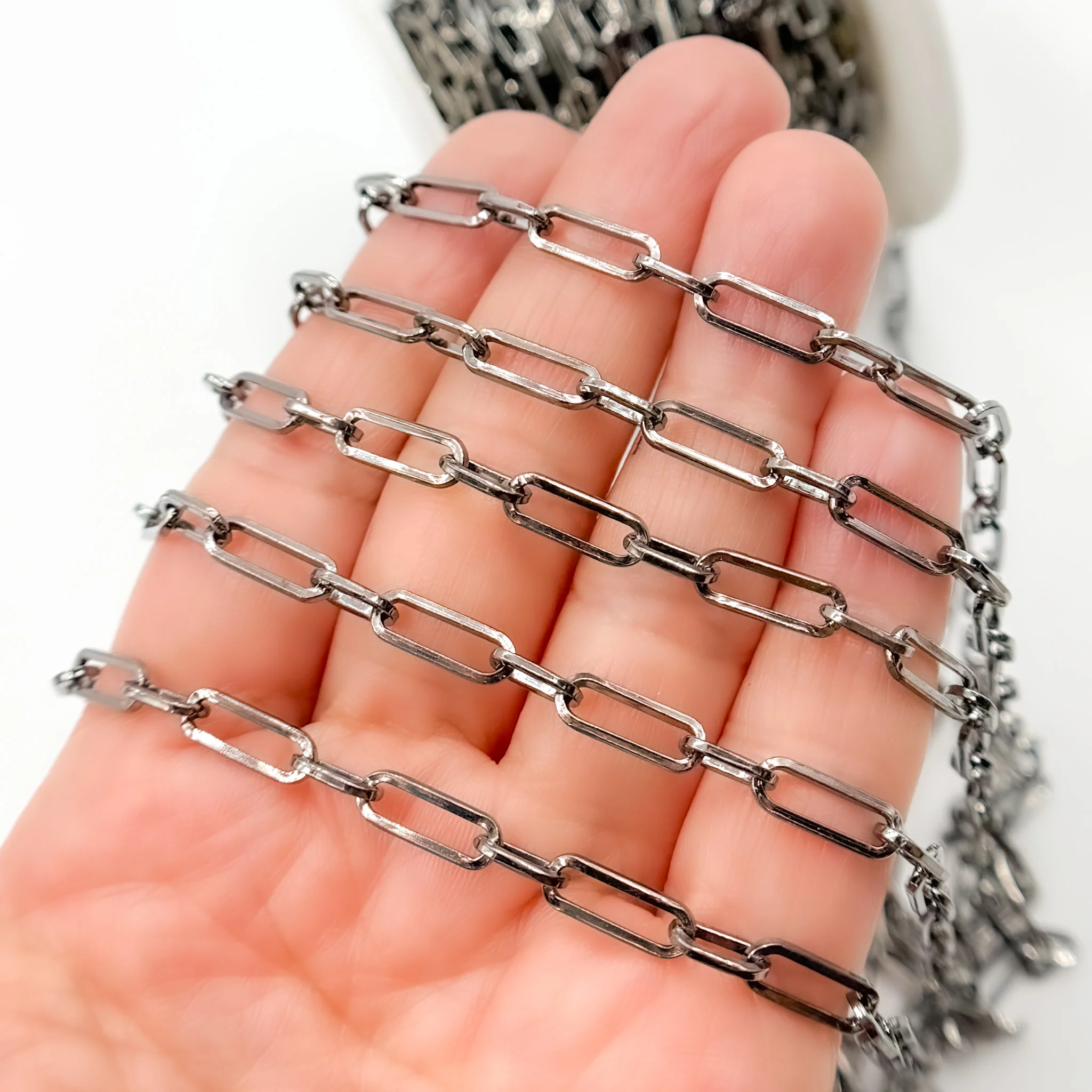 V149BR. Black Rhodium Sterling Silver Flat Paperclip Long and Short Chain