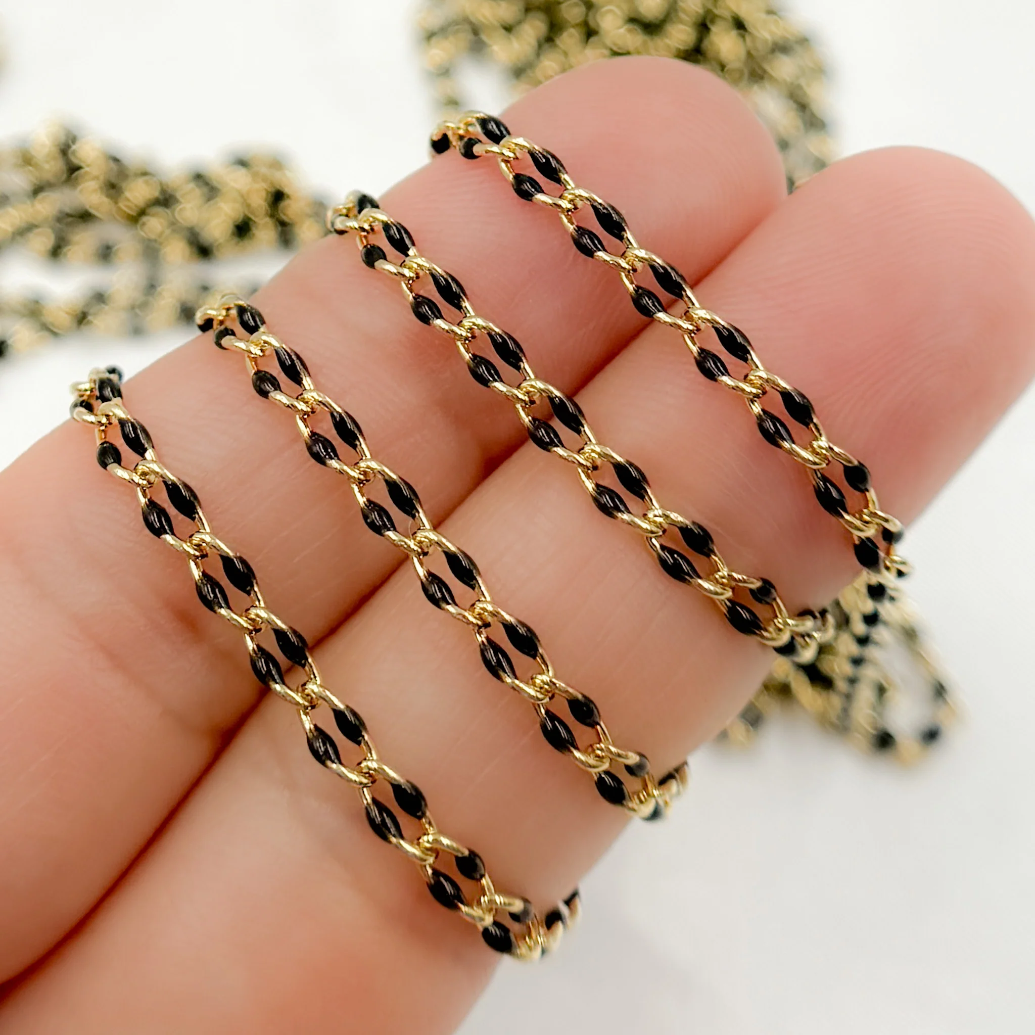 V244BKGP. 925 Sterling Silver Gold Plated Black Enamel Cable Link Chain - Image 4