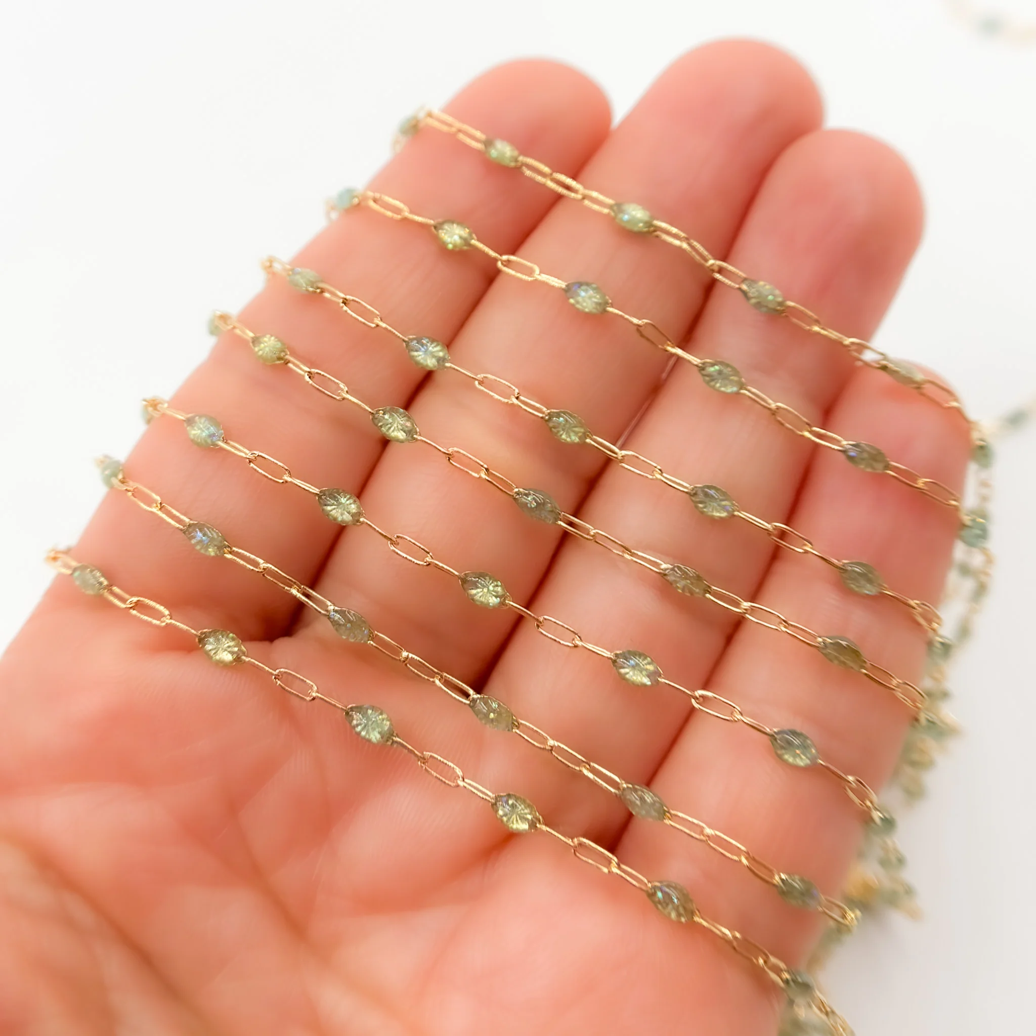 V250-OP3GF. Gold Filled Green Shade Color Opal Enamel Cable Chain - Image 3