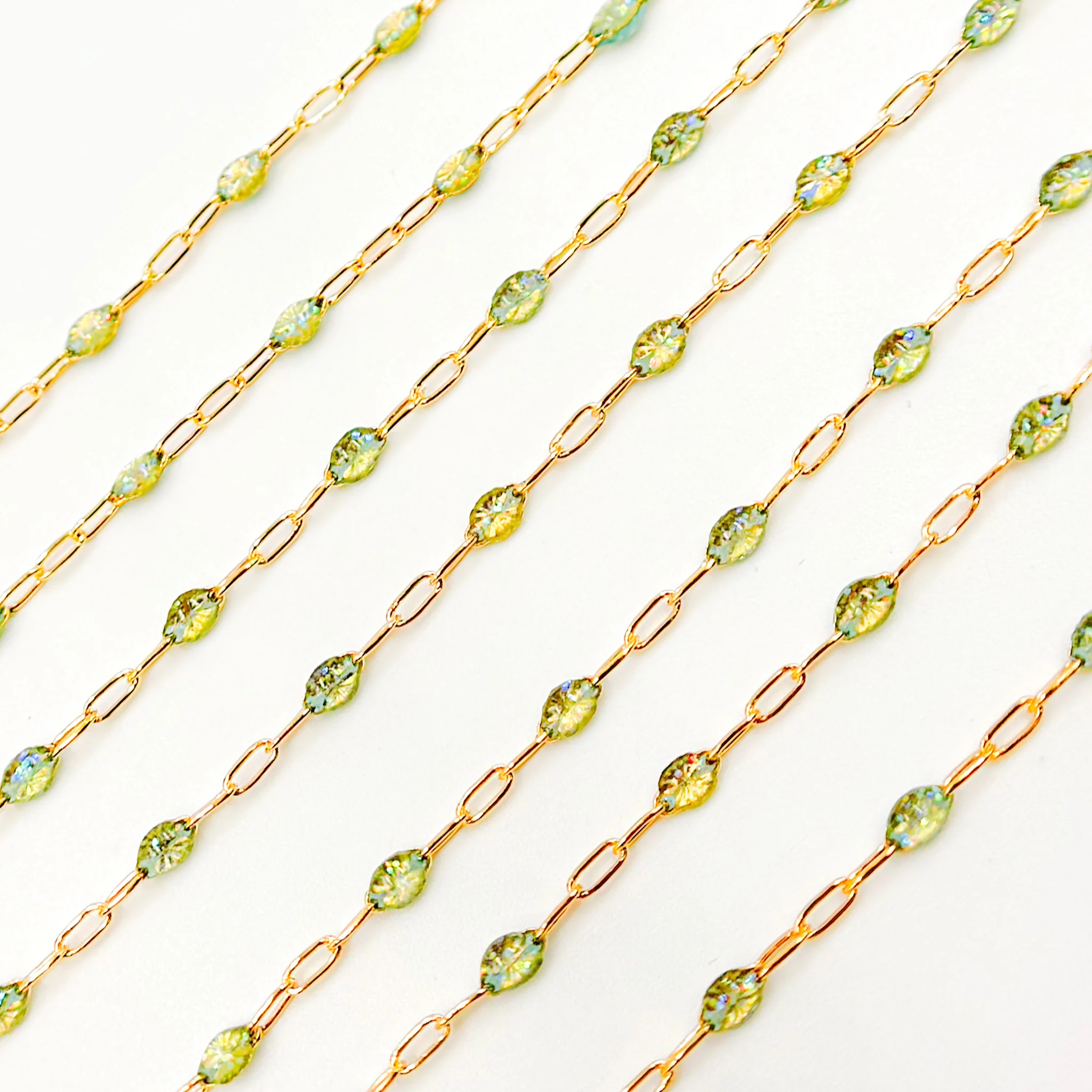V250-OP3GF. Gold Filled Green Shade Color Opal Enamel Cable Chain - Image 4