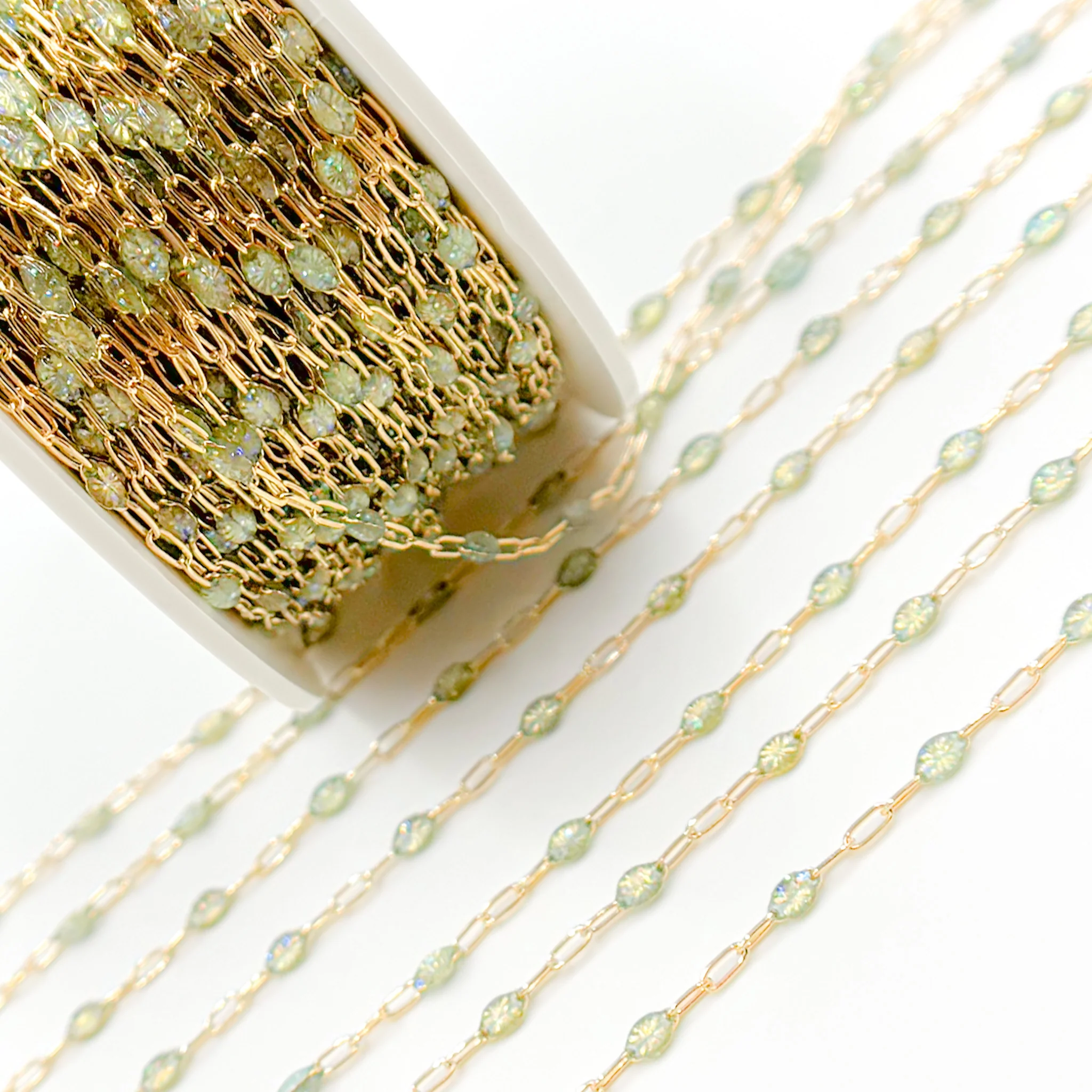V250-OP3GF. Gold Filled Green Shade Color Opal Enamel Cable Chain - Image 5