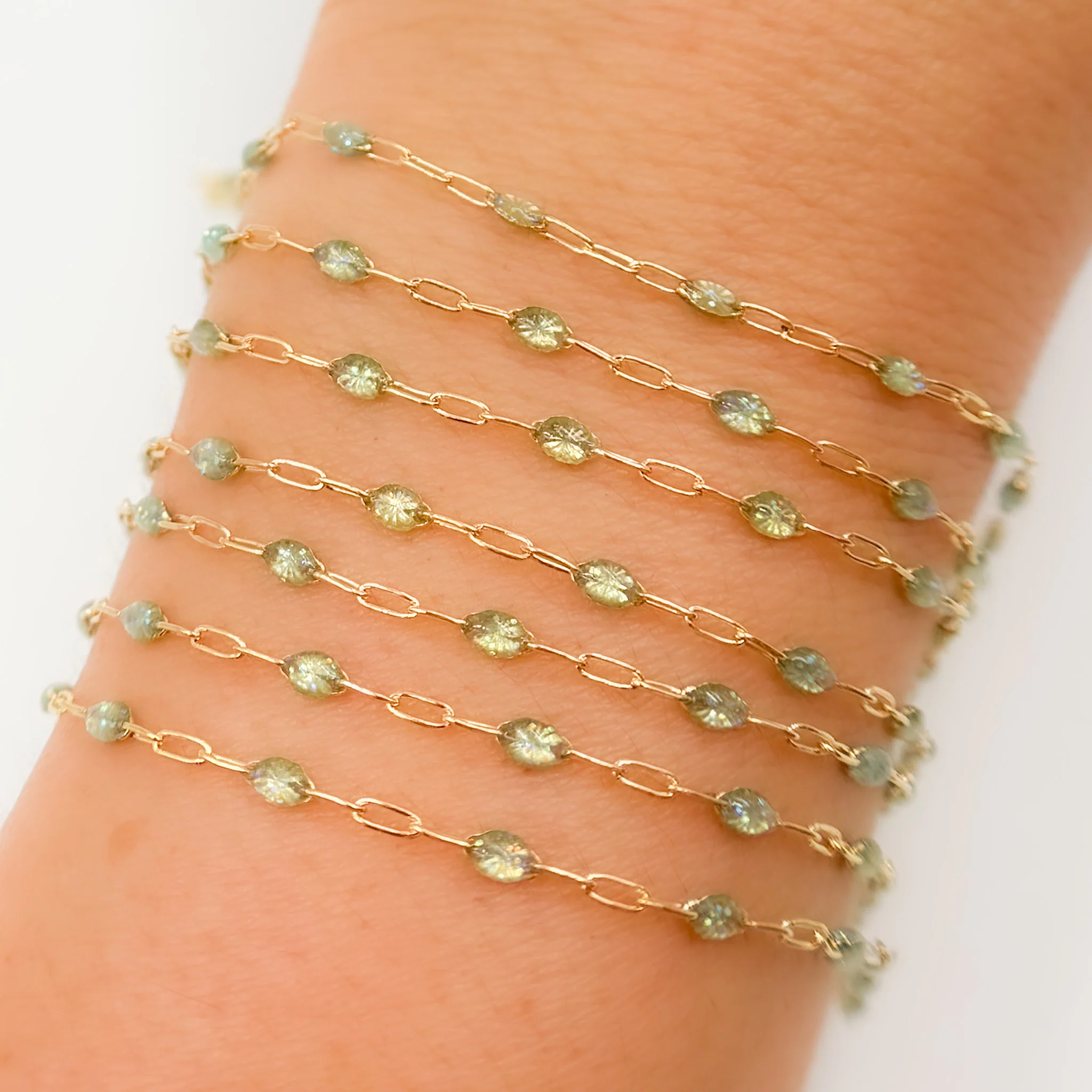 V250-OP3GF. Gold Filled Green Shade Color Opal Enamel Cable Chain - Image 7