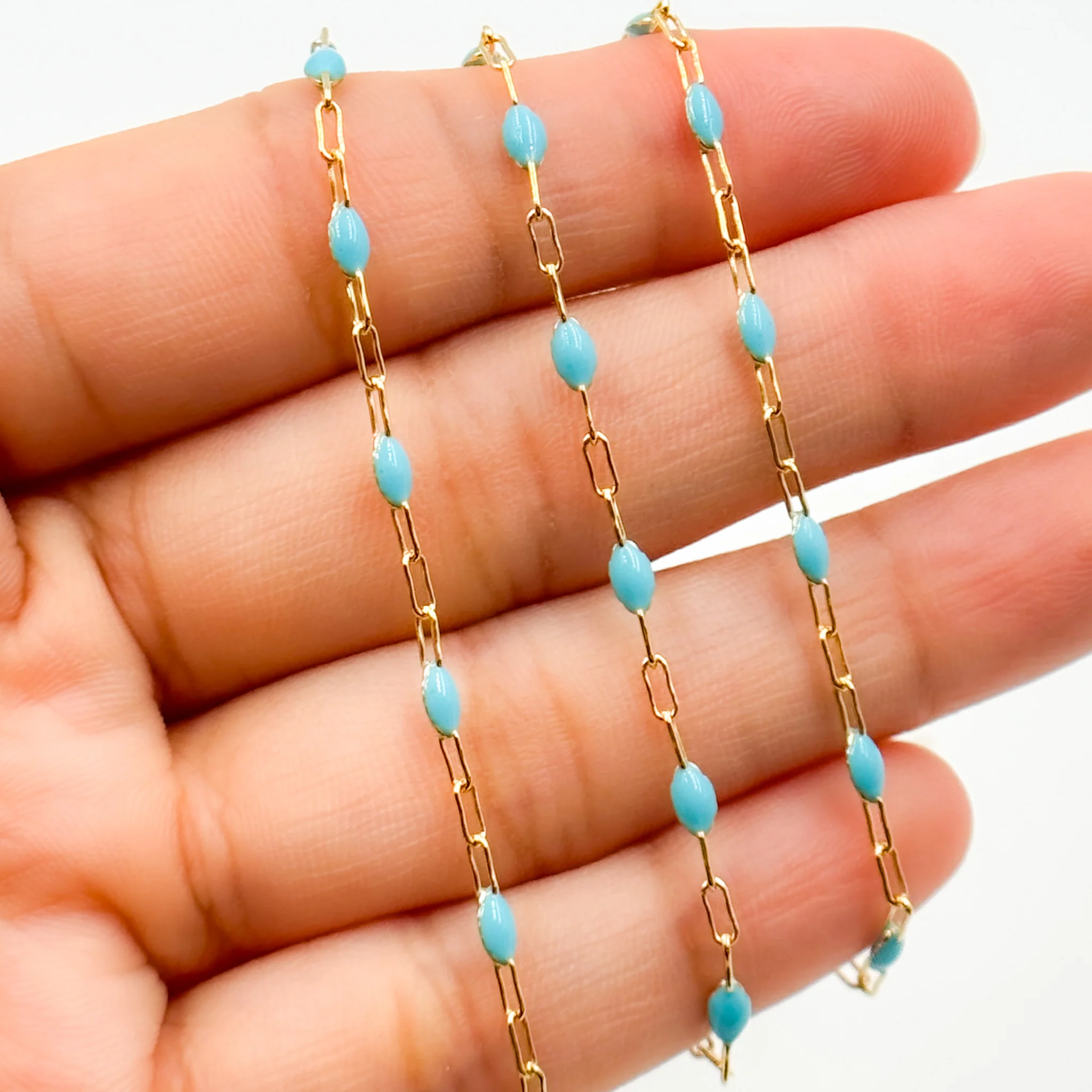 V250-TURGF. 14k Gold Filled Turquoise Color Enamel Satellite Cable Chain - Image 3