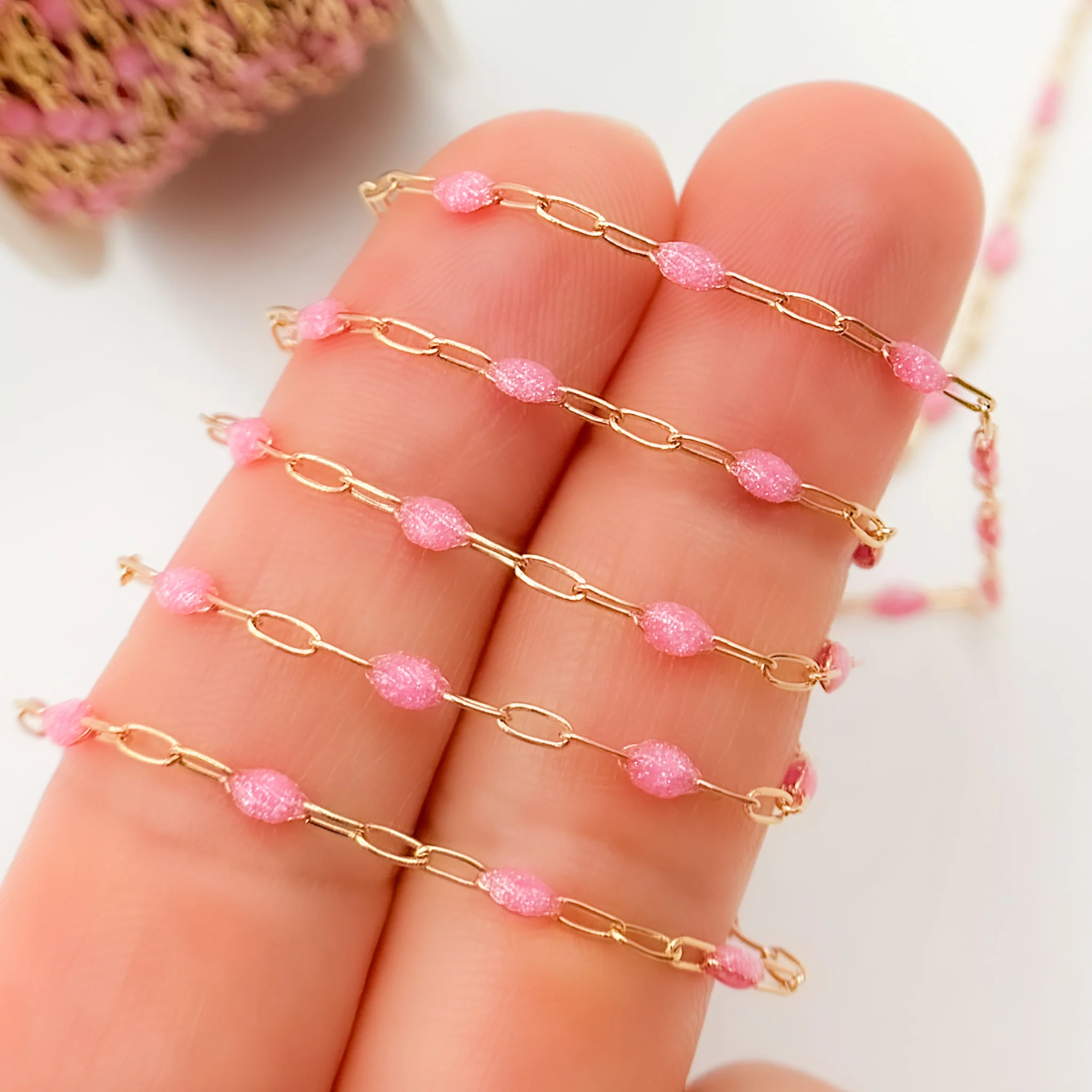 V250RSGF. Gold Filled Rose Color Glitter Enamel Cable Chain - Image 4