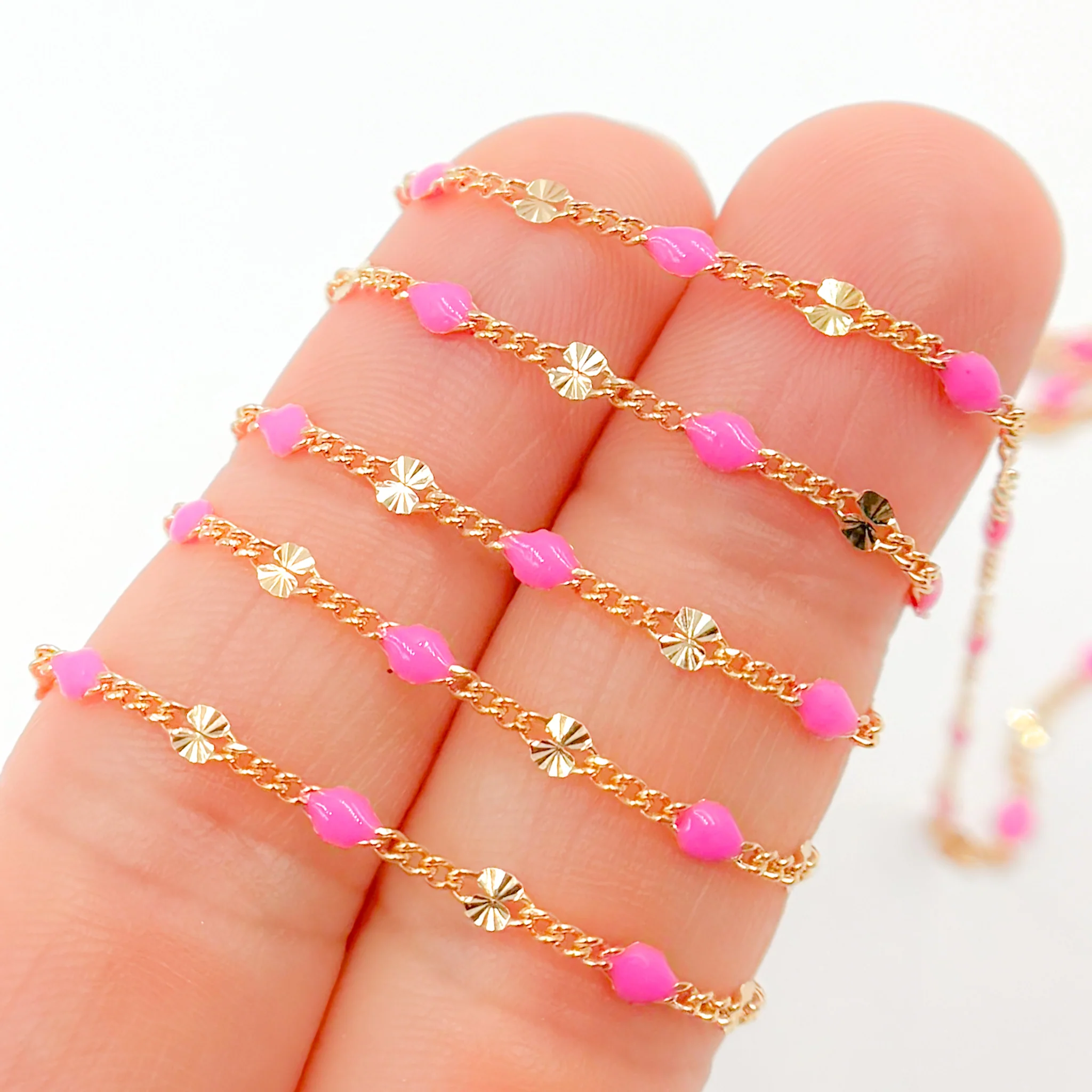 V269PKGF. Gold Filled Pink Color Enamel Marina Link Chain - Image 3