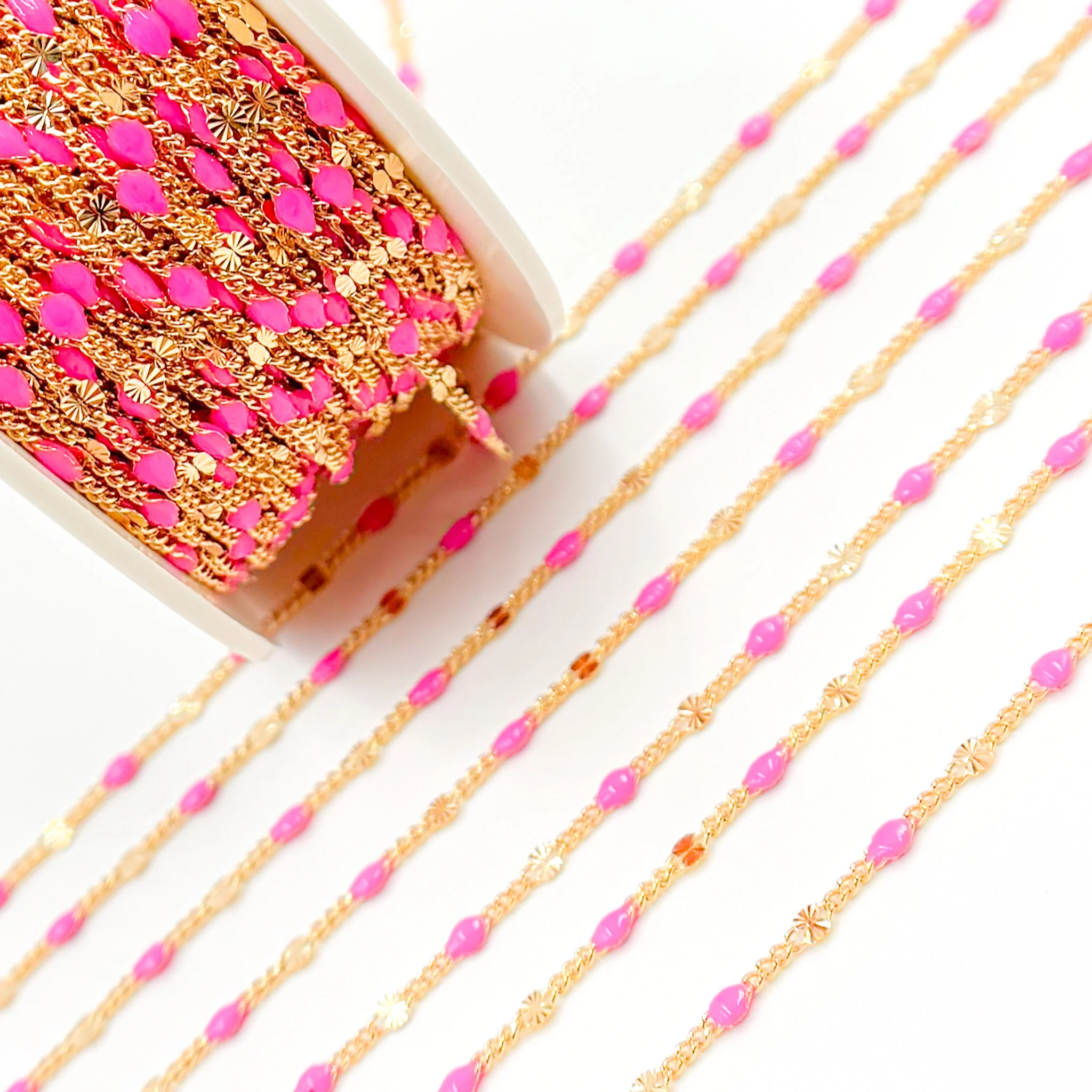 V269PKGF. Gold Filled Pink Color Enamel Marina Link Chain - Image 5