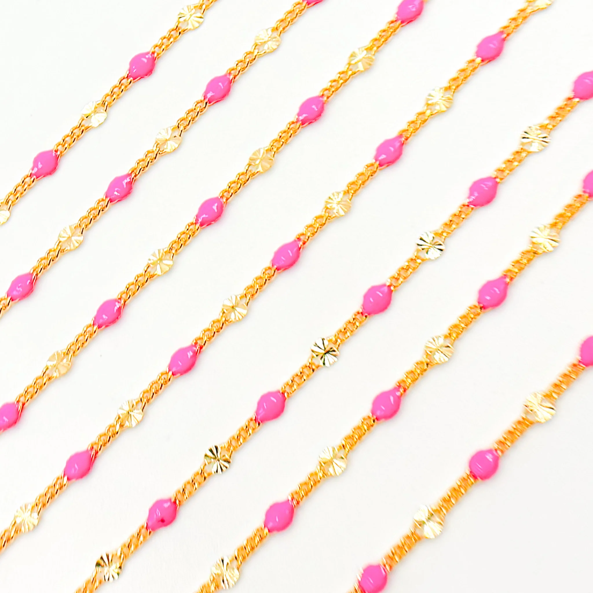V269PKGF. Gold Filled Pink Color Enamel Marina Link Chain - Image 6