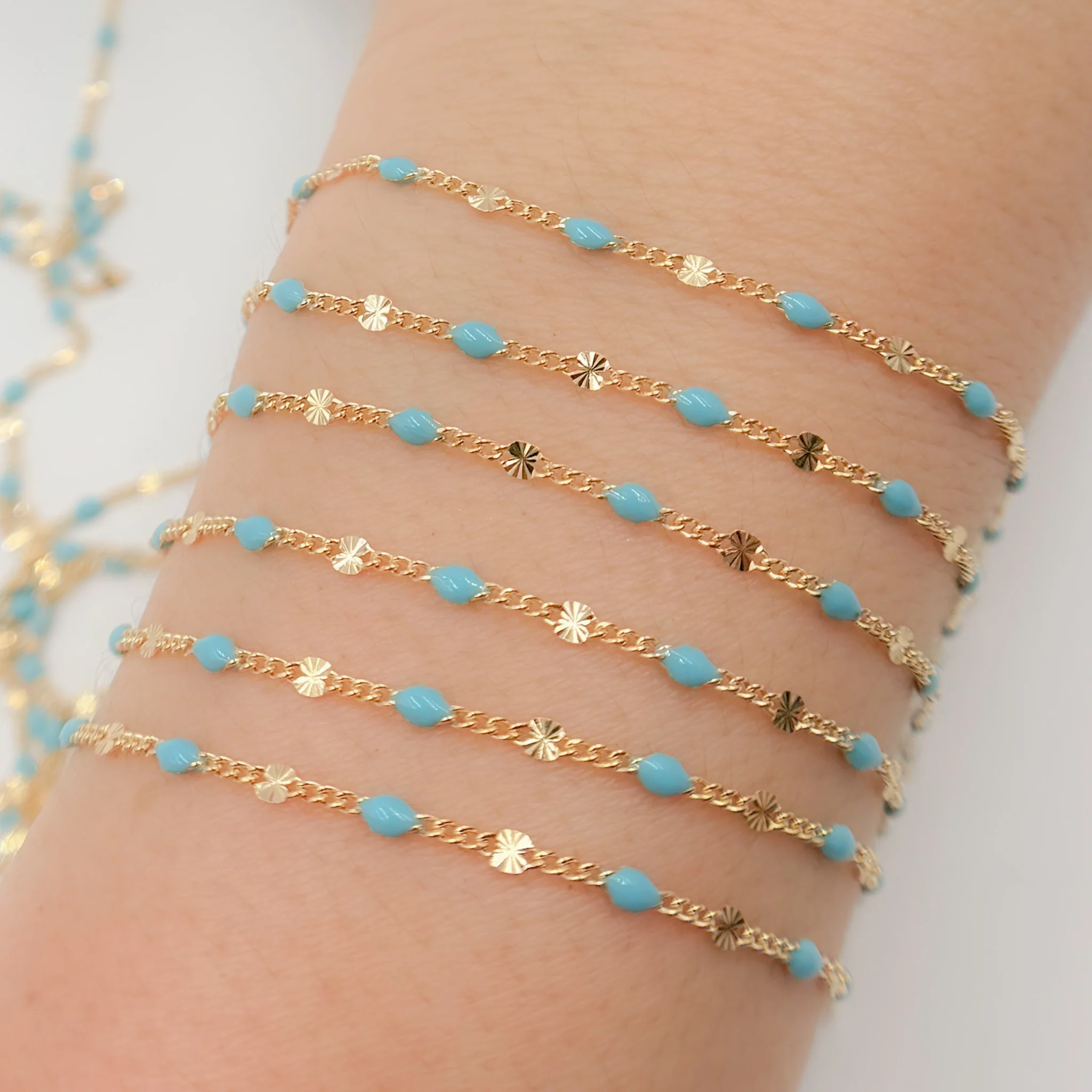 V269TURGF. Gold Filled Turquoise Color Enamel Marina Link Chain - Image 5