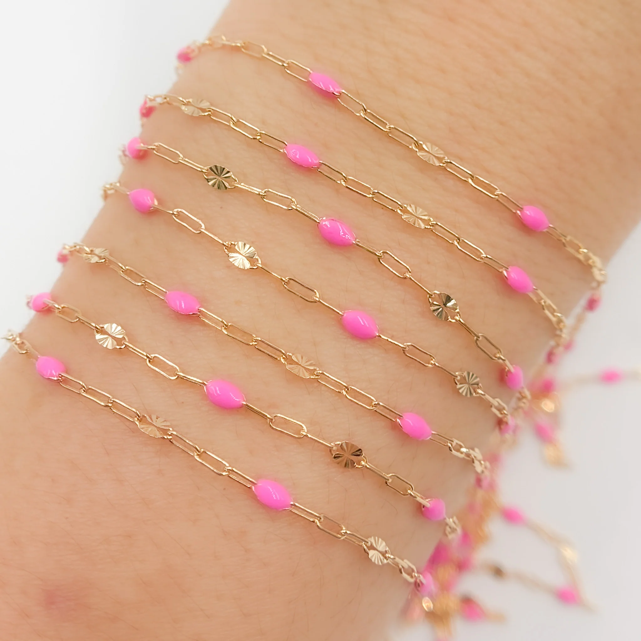 V295PKGF. 14K Gold Filled Pink Color Enamel with Paperclip and Diamond Cut Marina Links - Image 4