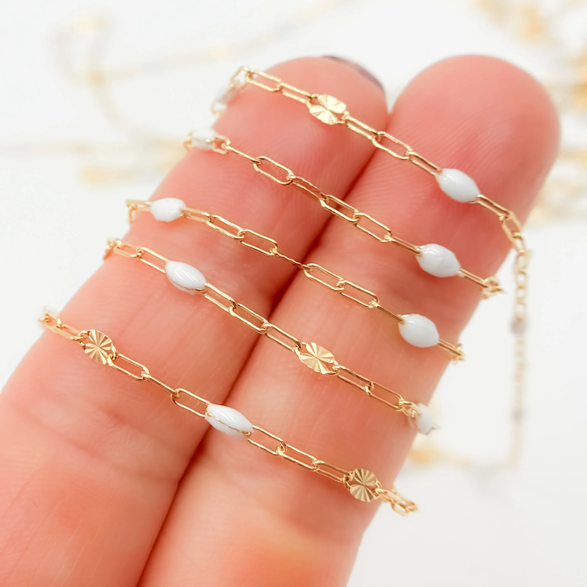 V295WTGF. 14K Gold Filled White Color Enamel with Paperclip and Diamond Cut Marina Links - Image 5