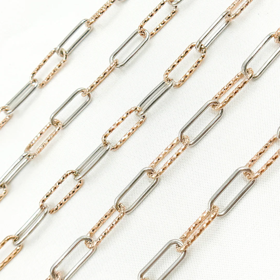 V31RGS. Rose Gold Plated & Sterling Silver Smooth & Diamond Cut Paperclip Chain - Image 2