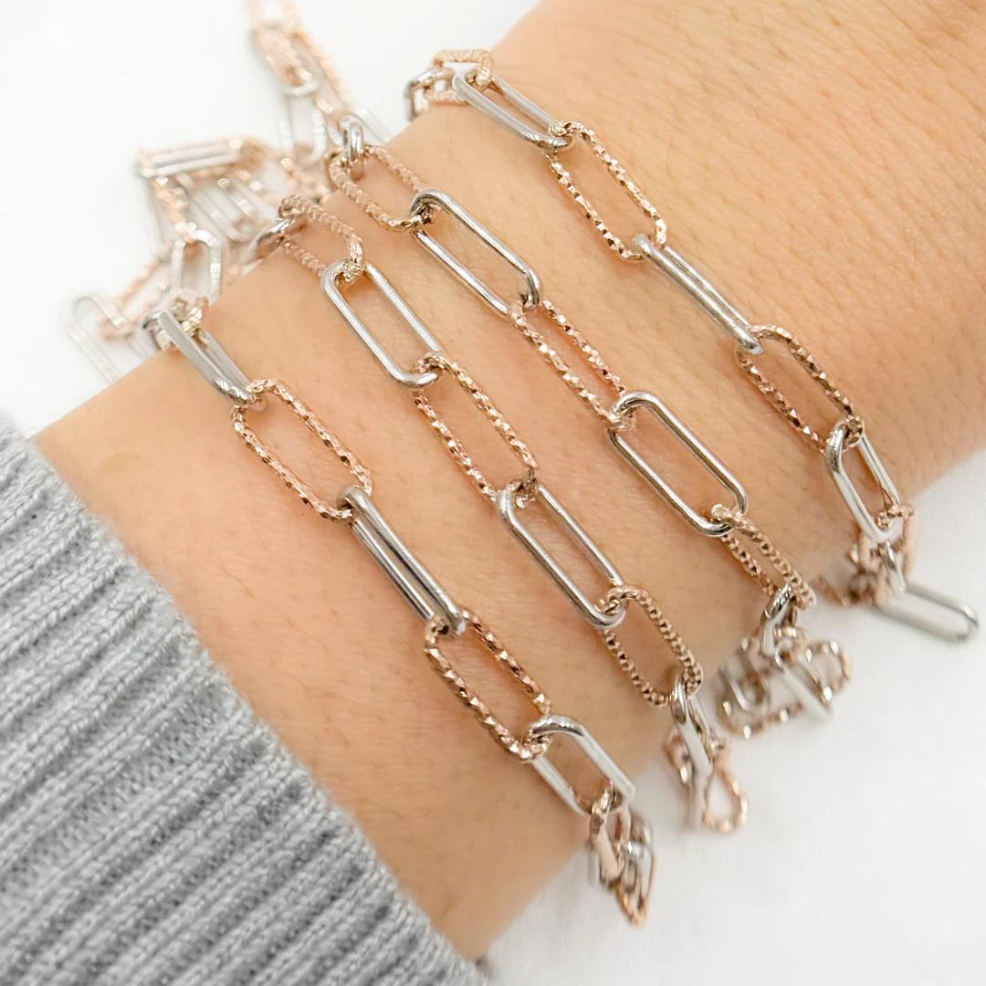 V31RGS. Rose Gold Plated & Sterling Silver Smooth & Diamond Cut Paperclip Chain - Image 3