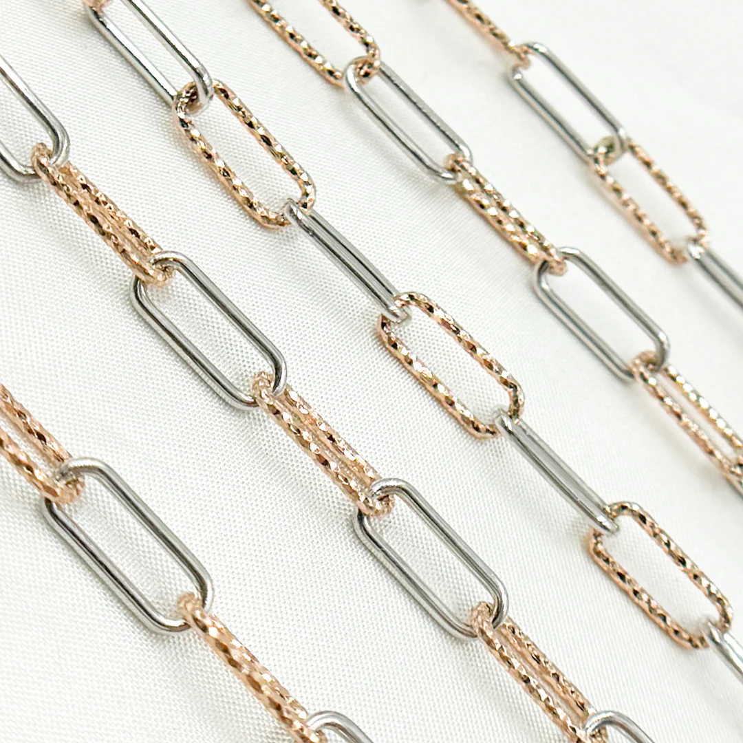 V31RGS. Rose Gold Plated & Sterling Silver Smooth & Diamond Cut Paperclip Chain - Image 4