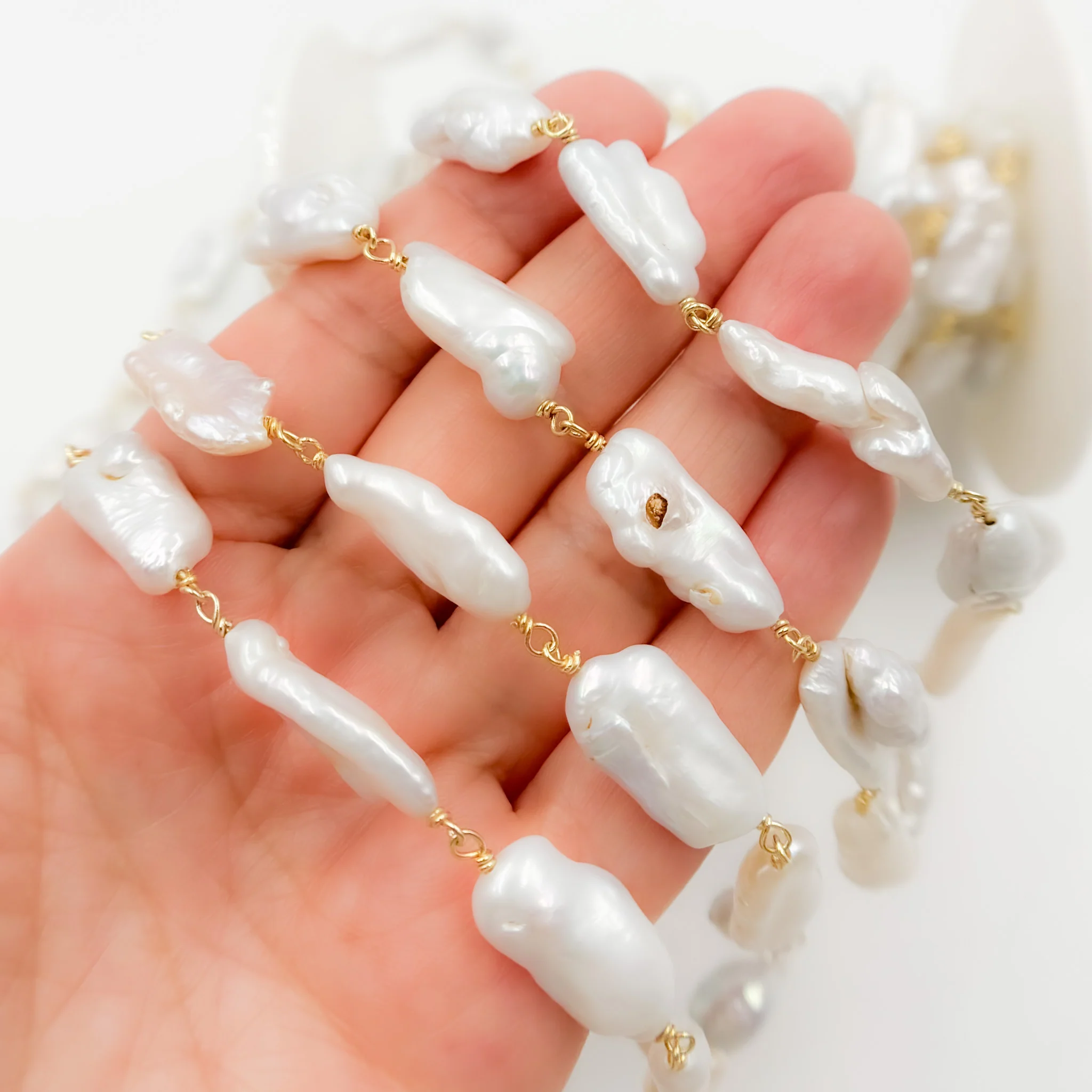 PRL24. Gold Plated Wire Biwa Freshwater Pearl Chain - Image 3