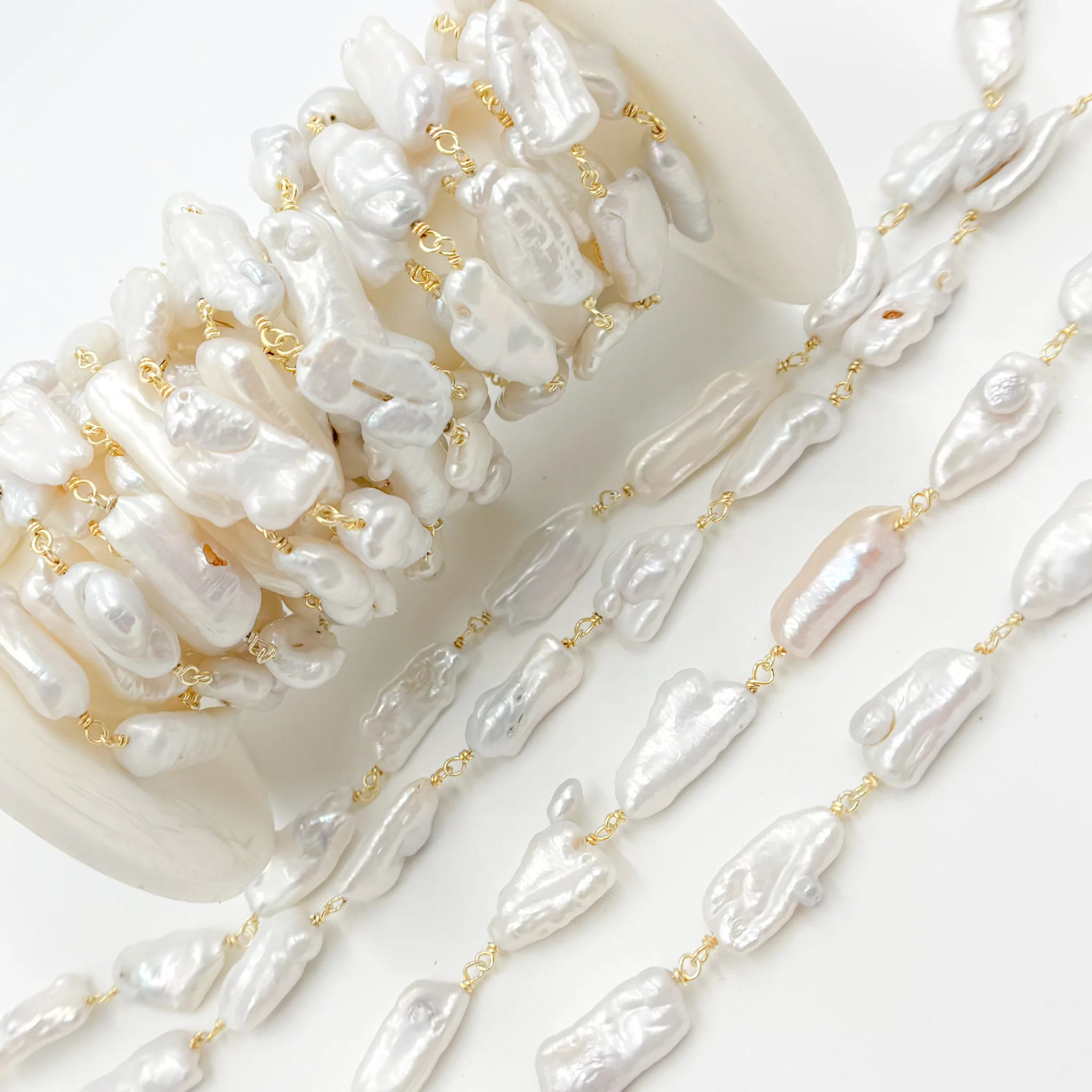 PRL24. Gold Plated Wire Biwa Freshwater Pearl Chain - Image 5
