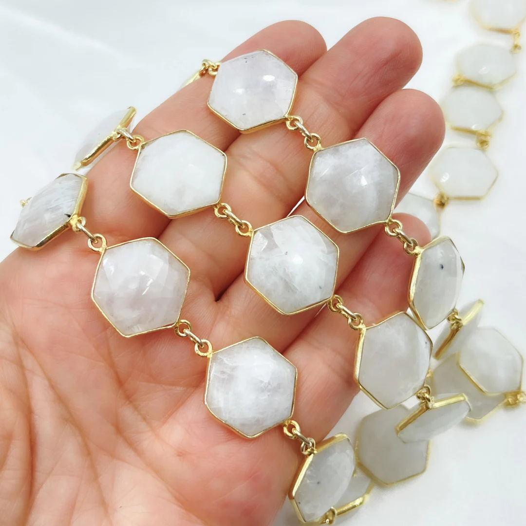 White Moonstone Hexagon Shape Bezel Gold Plated Wire Chain. WMS17 - Image 4